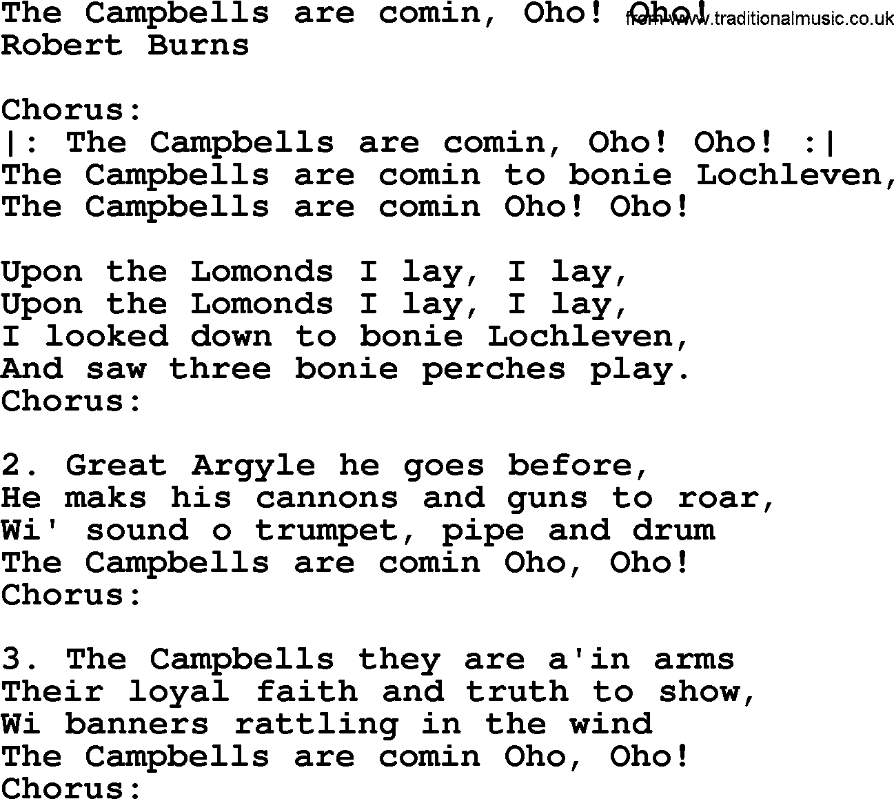 Robert Burns Songs & Lyrics: The Campbells Are Comin, Oho! Oho!