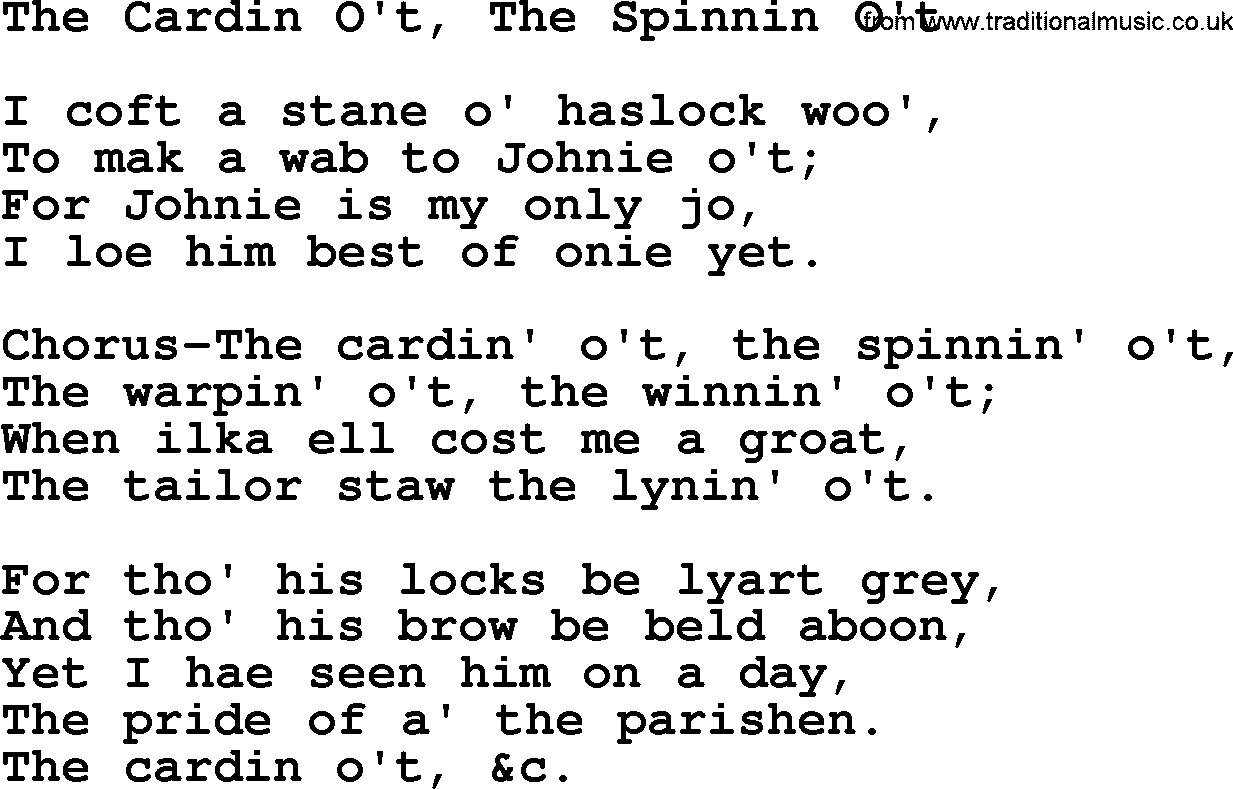 Robert Burns Songs & Lyrics: The Cardin O't, The Spinnin O't