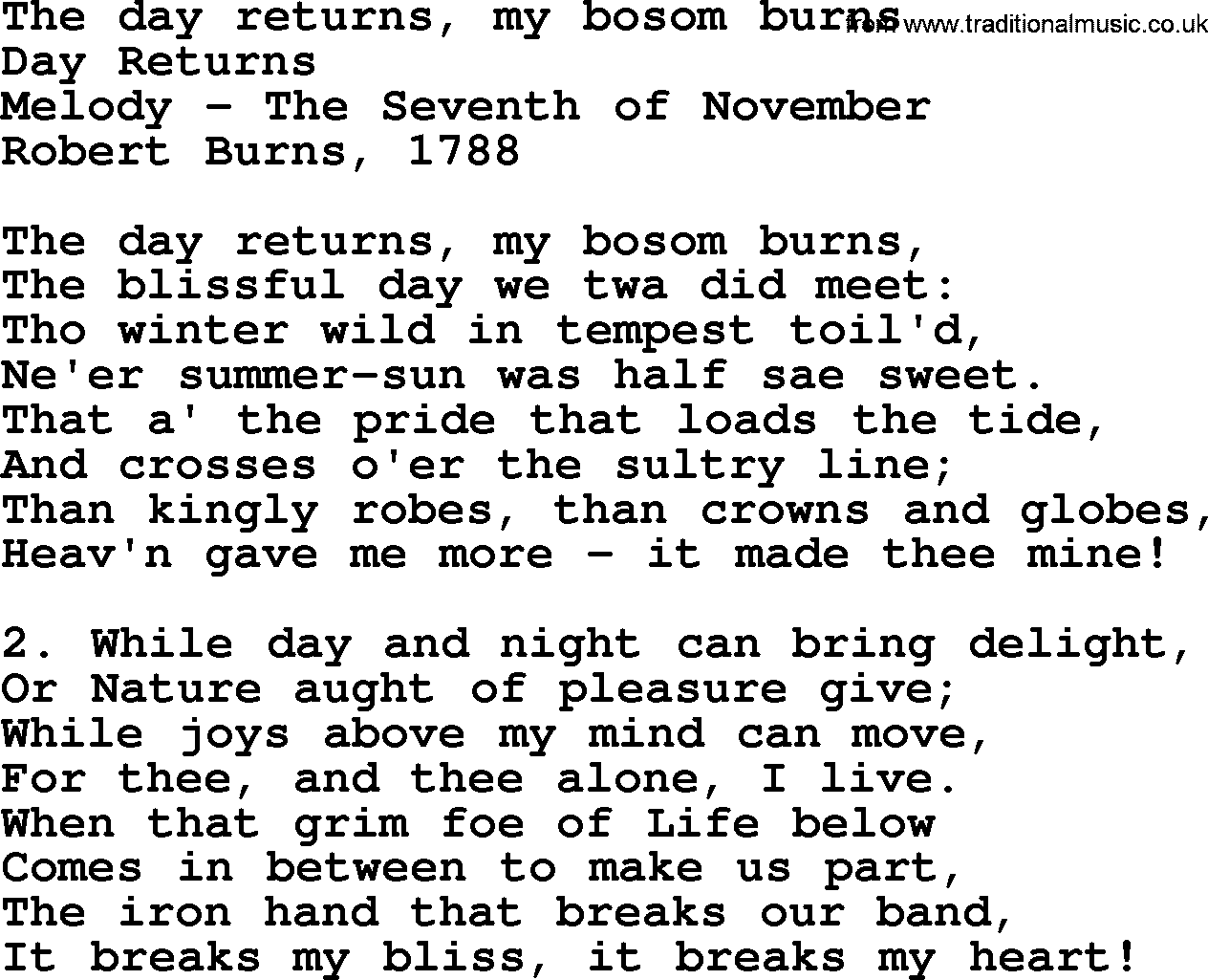 Robert Burns Songs & Lyrics: The Day Returns, My Bosom Burns
