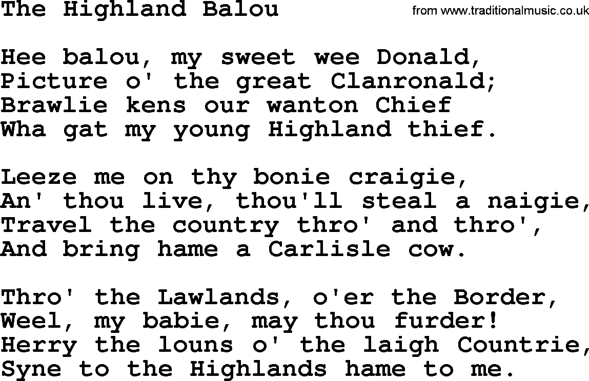 Robert Burns Songs & Lyrics: The Highland Balou