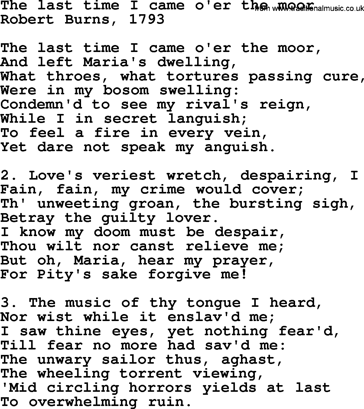 Robert Burns Songs & Lyrics: The Last Time I Came O'er The Moor