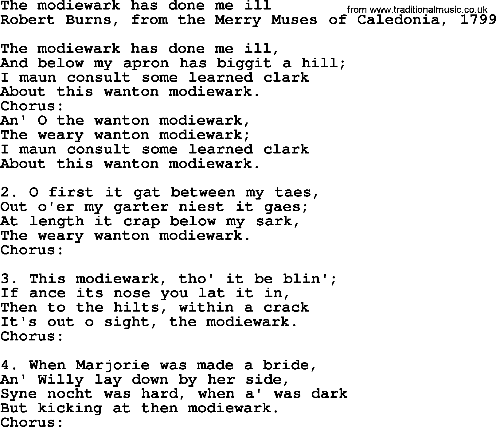 Robert Burns Songs & Lyrics: The Modiewark Has Done Me Ill