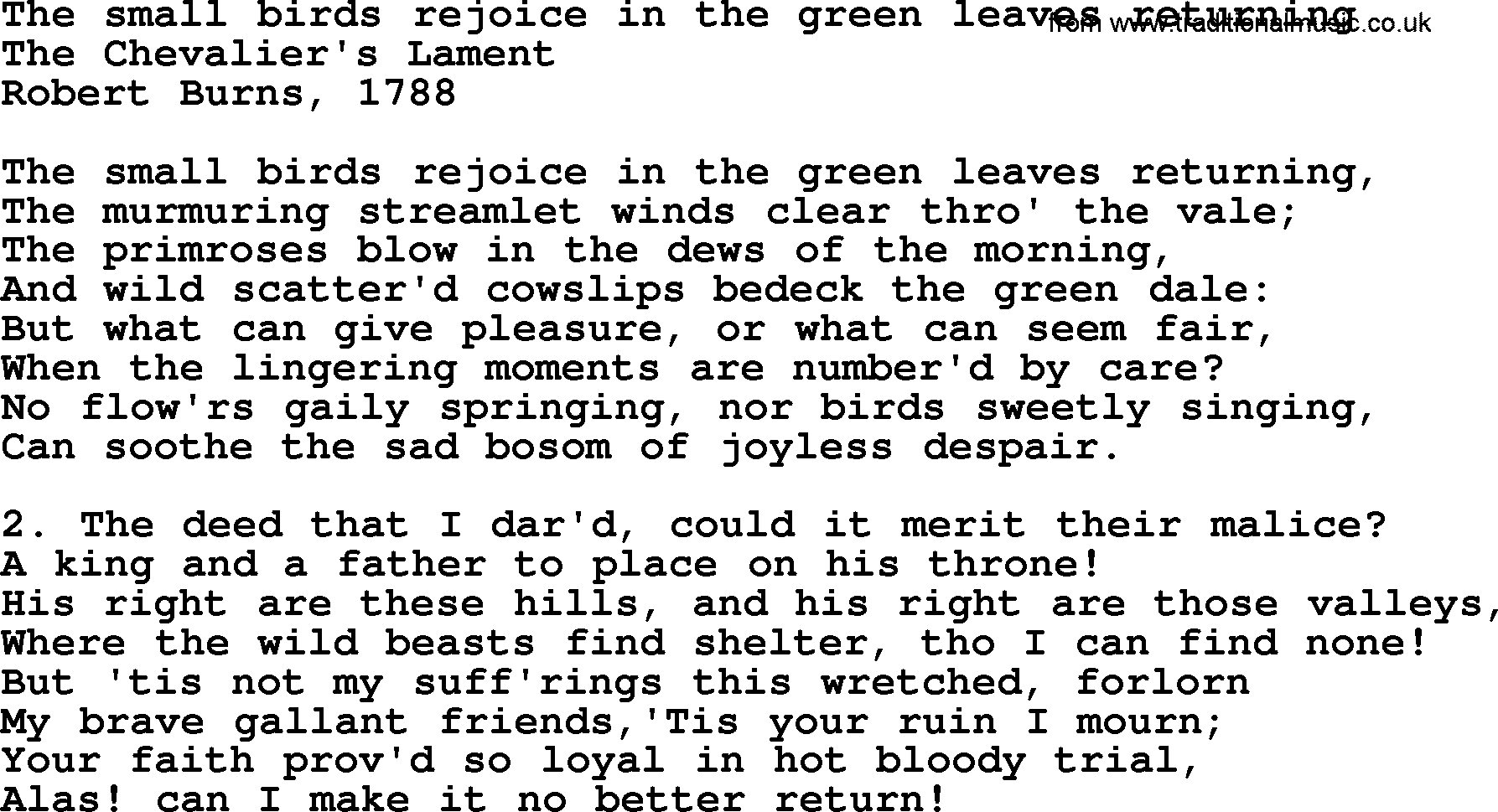 Robert Burns Songs & Lyrics: The Small Birds Rejoice In The Green Leaves Returning
