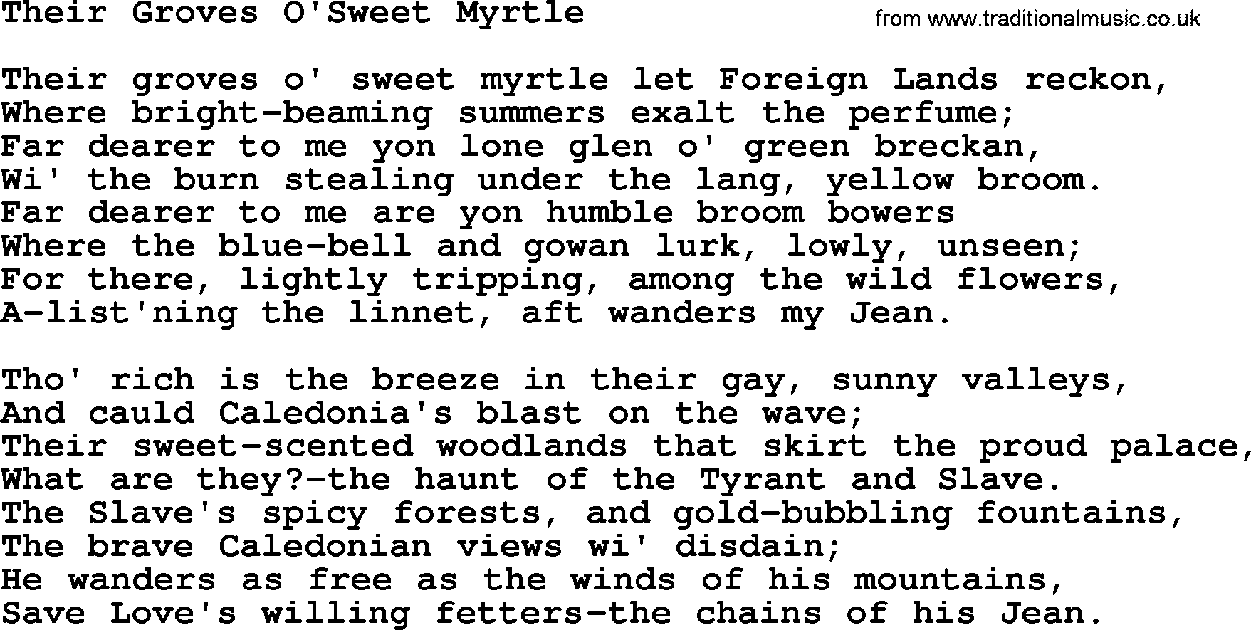 Robert Burns Songs & Lyrics: Their Groves O'sweet Myrtle