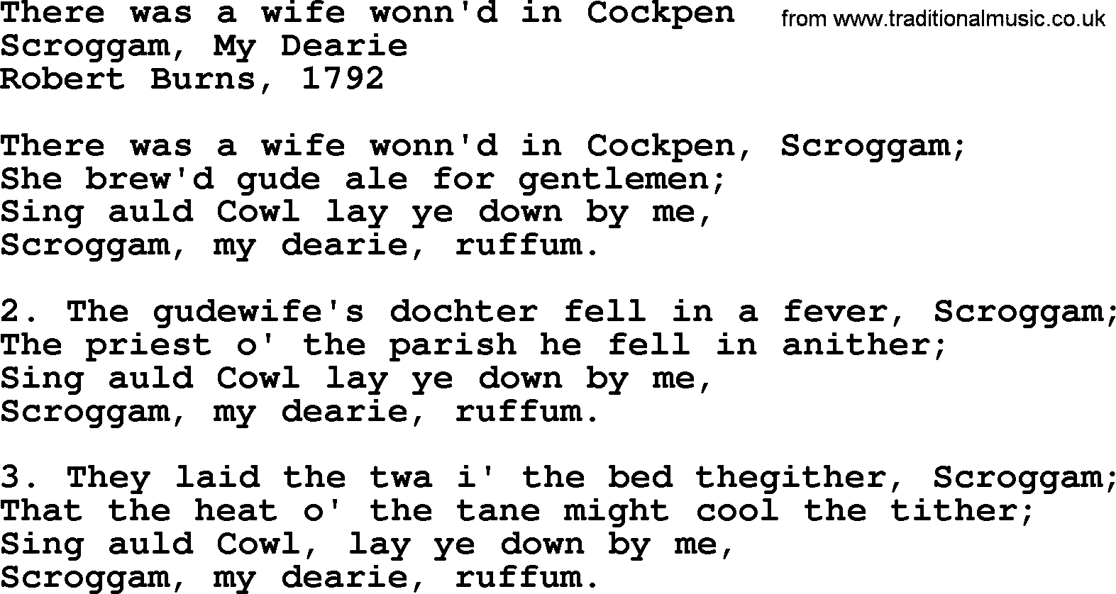 Robert Burns Songs & Lyrics: There Was A Wife Wonn'd In Cockpen