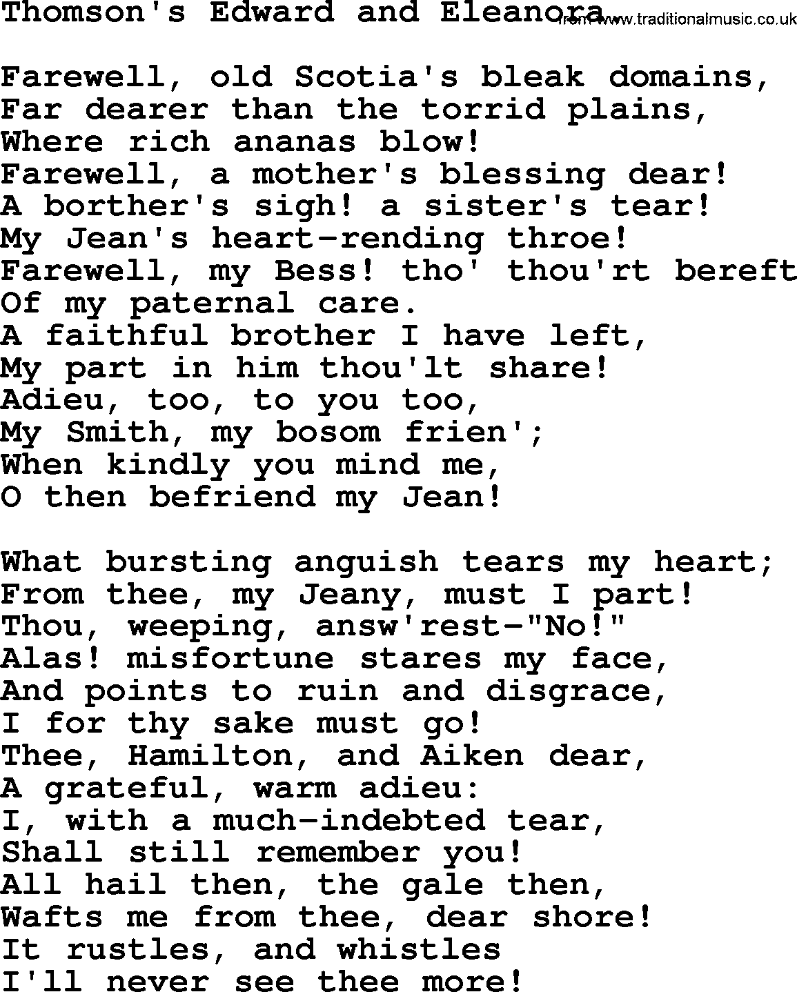 Robert Burns Songs & Lyrics: Thomson's Edward And Eleanora.