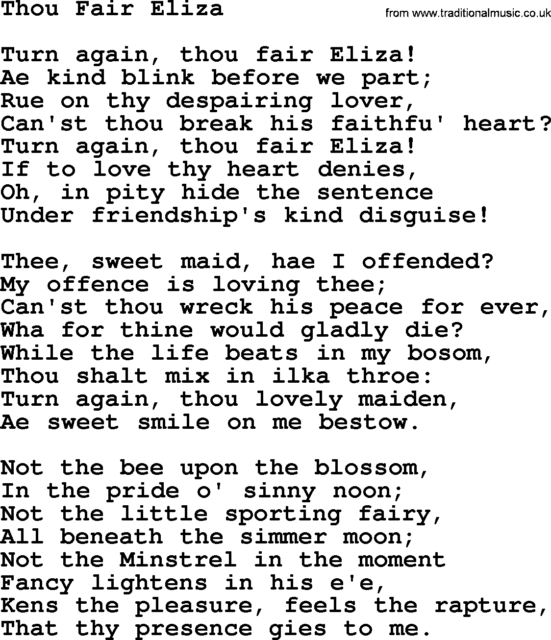 Robert Burns Songs & Lyrics: Thou Fair Eliza