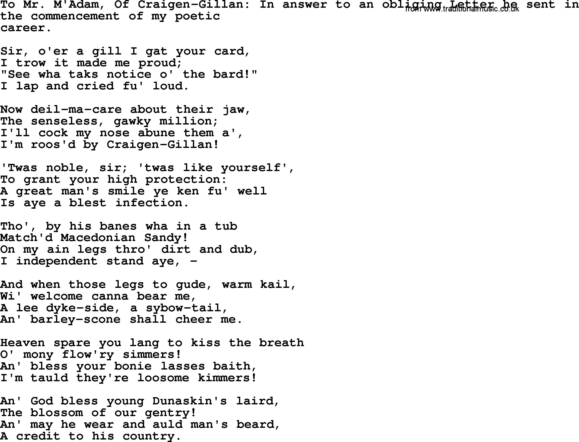 Robert Burns Songs & Lyrics: To Mr. M'adam, Of Craigen-gillan