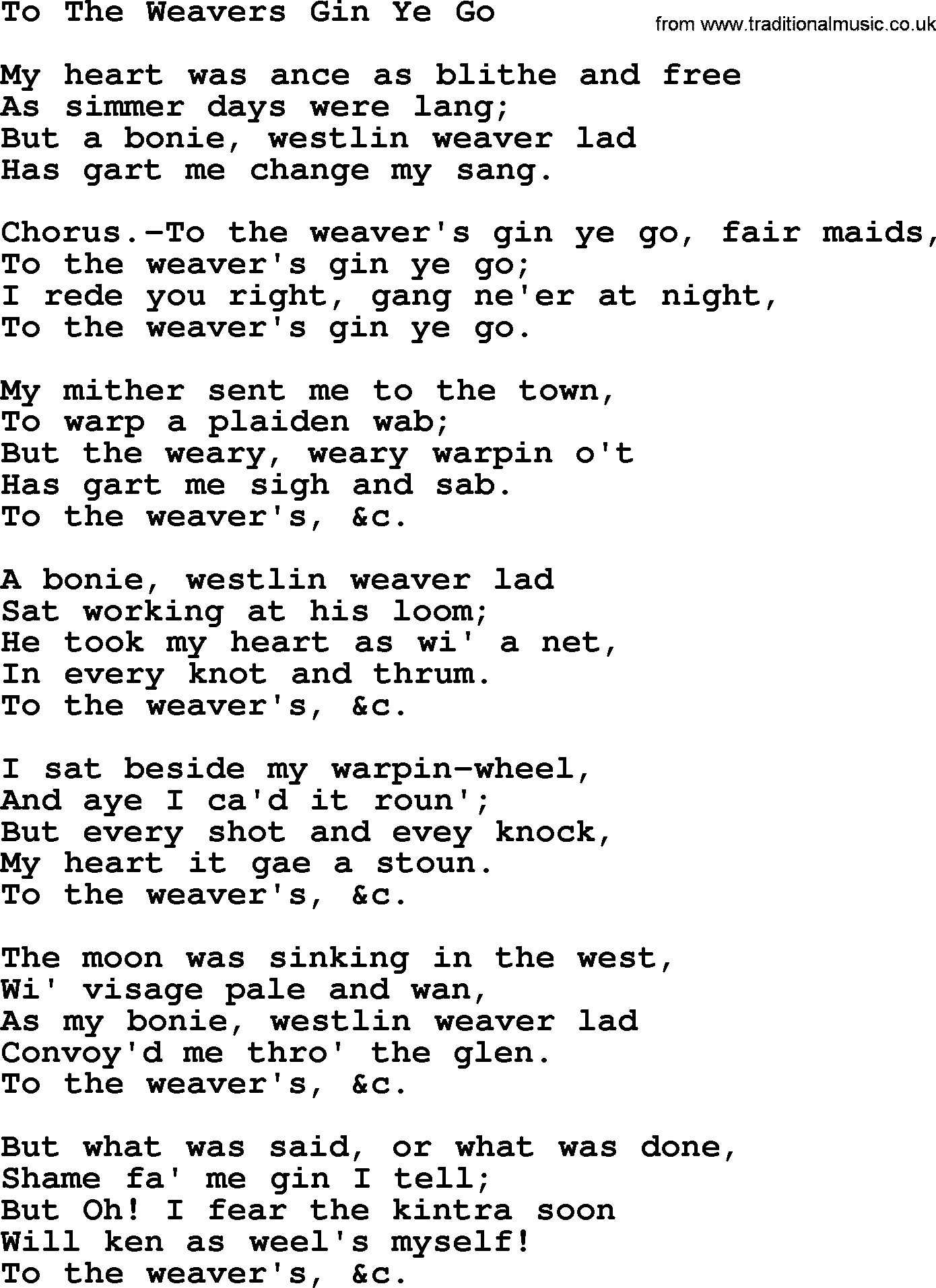 Robert Burns Songs & Lyrics: To The Weavers Gin Ye Go