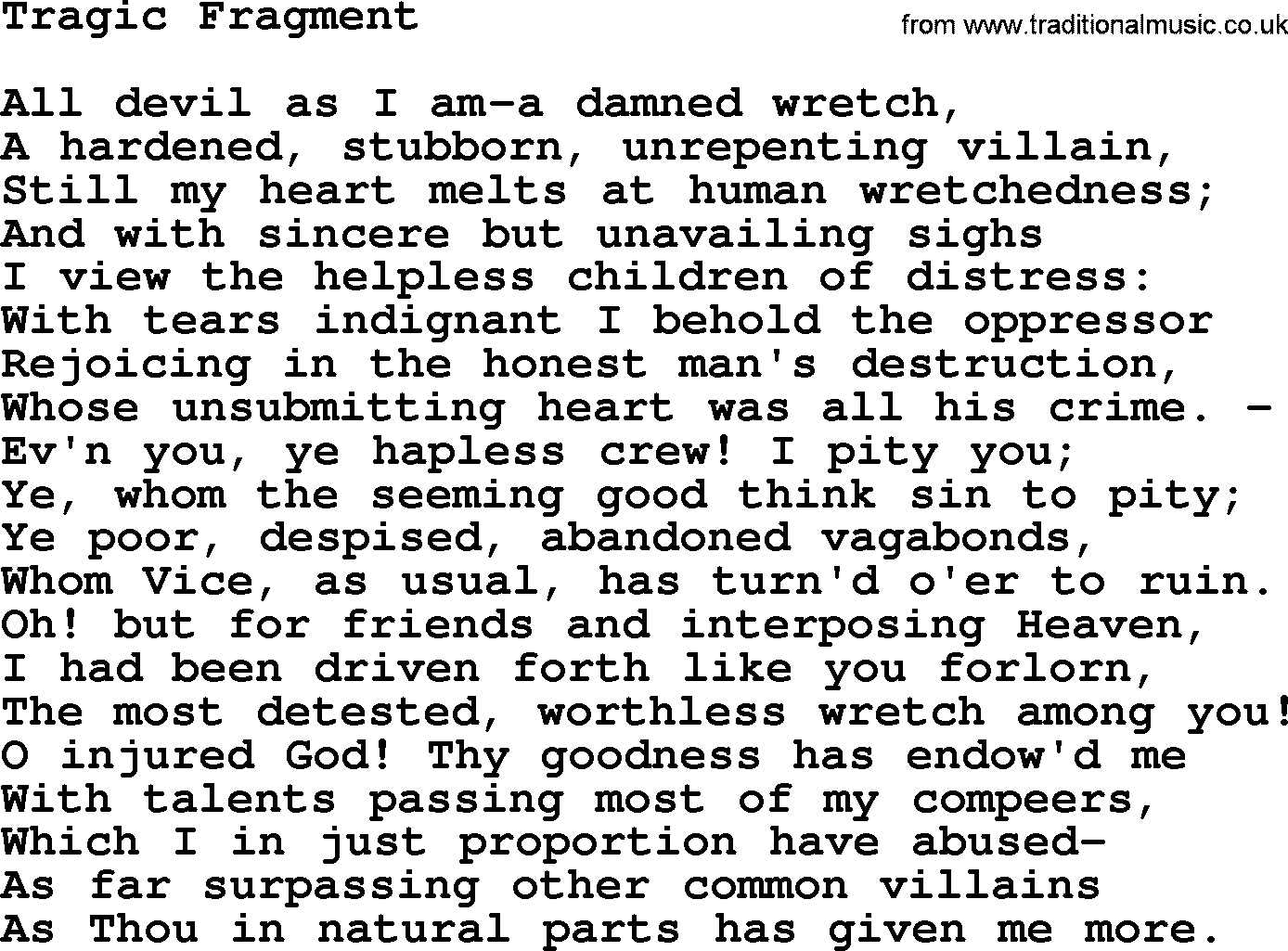 Robert Burns Songs & Lyrics: Tragic Fragment