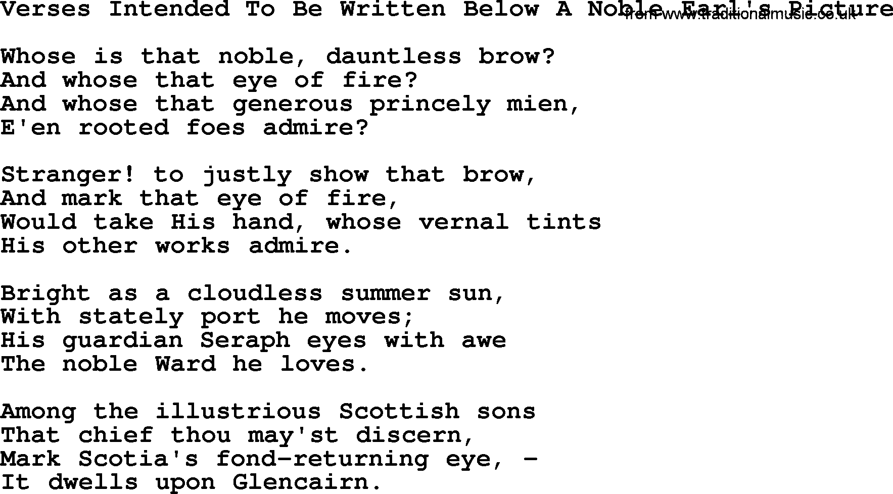 Robert Burns Songs & Lyrics: Verses Intended To Be Written Below A Noble Earl's Picture