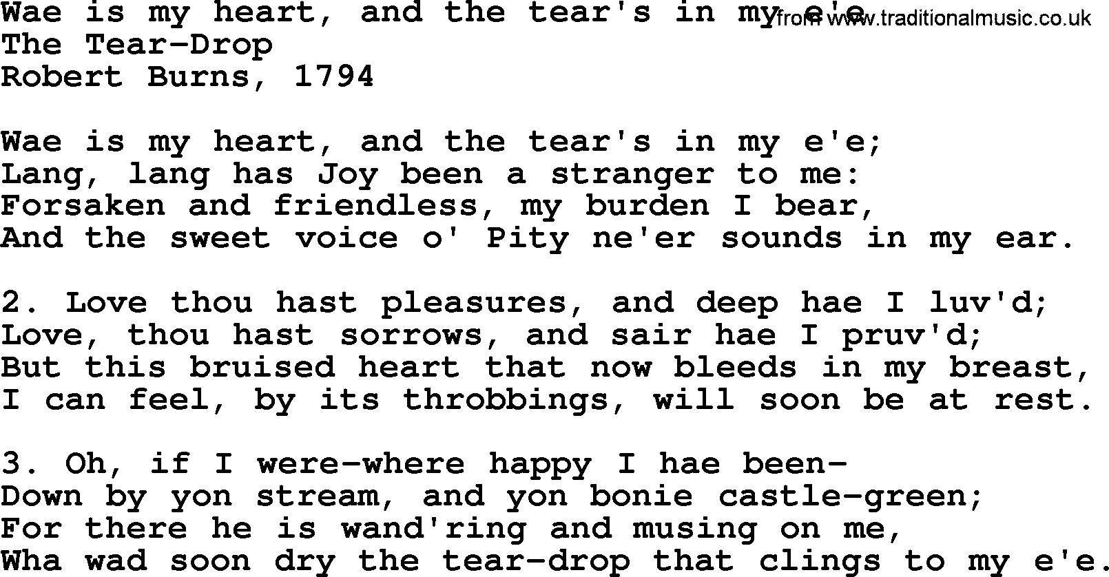 Robert Burns Songs & Lyrics: Wae Is My Heart, And The Tear's In My E'e