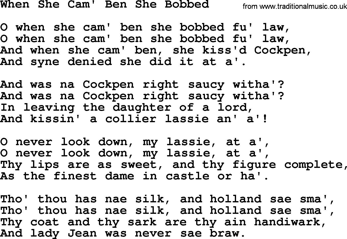 Robert Burns Songs & Lyrics: When She Cam' Ben She Bobbed