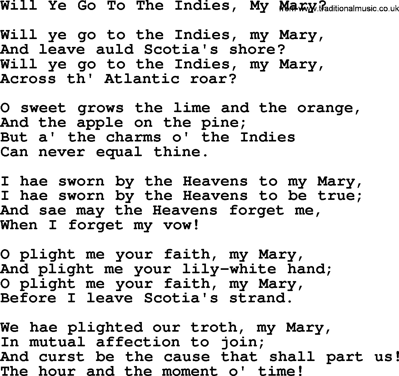 Robert Burns Songs & Lyrics: Will Ye Go To The Indies, My Mary 