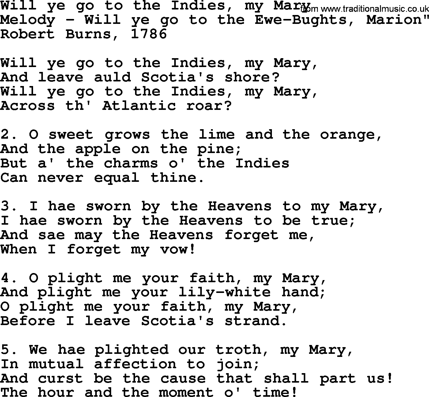 Robert Burns Songs & Lyrics: Will Ye Go To The Indies, My Mary