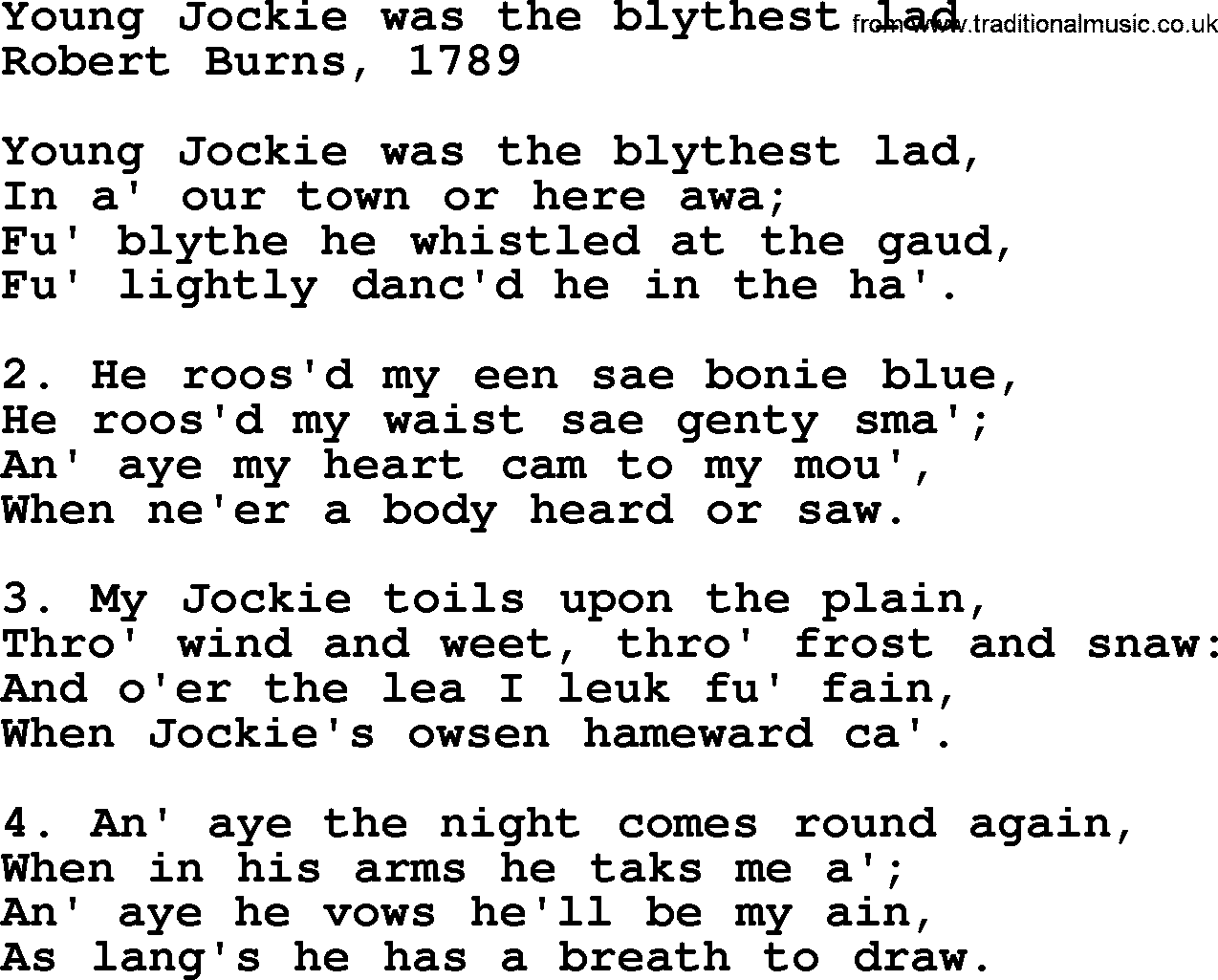 Robert Burns Songs & Lyrics: Young Jockie Was The Blythest Lad