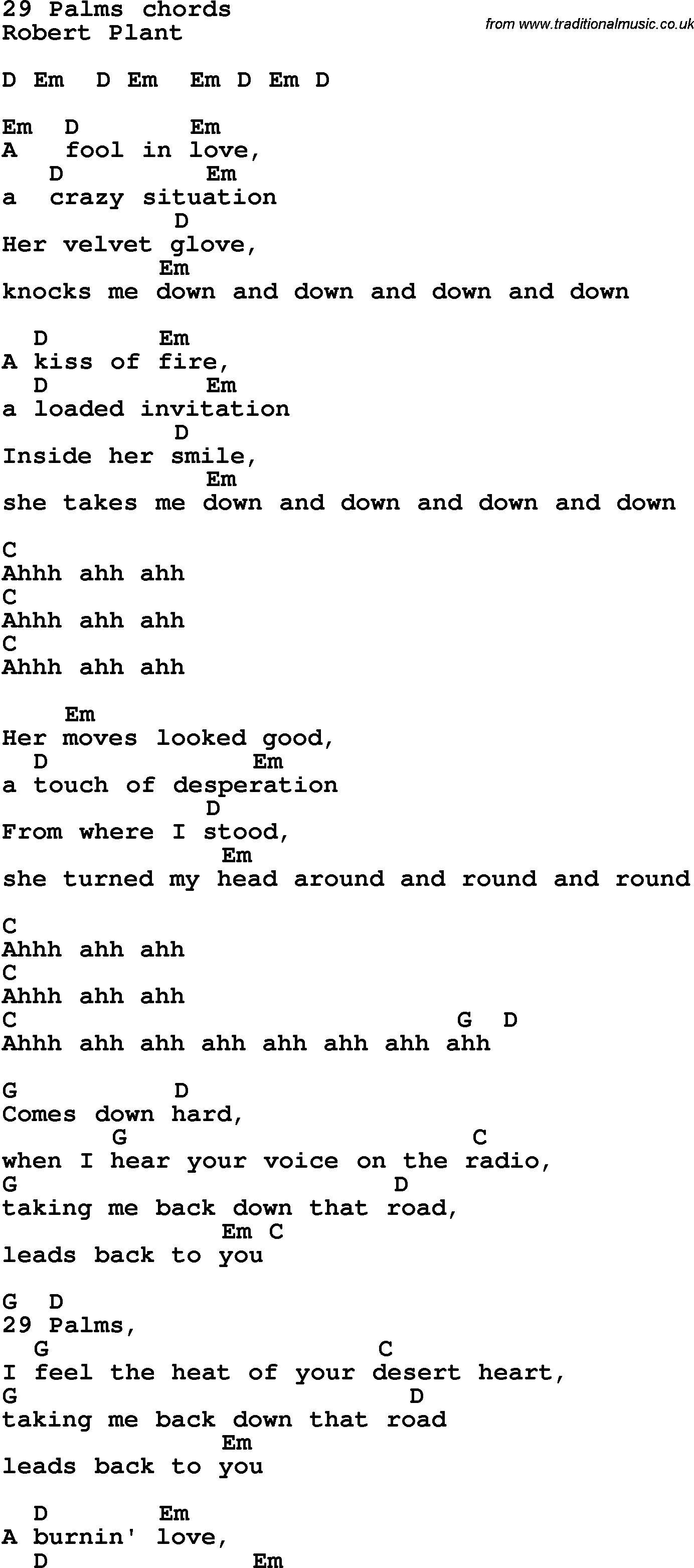 Song Lyrics with guitar chords for 29 Palms