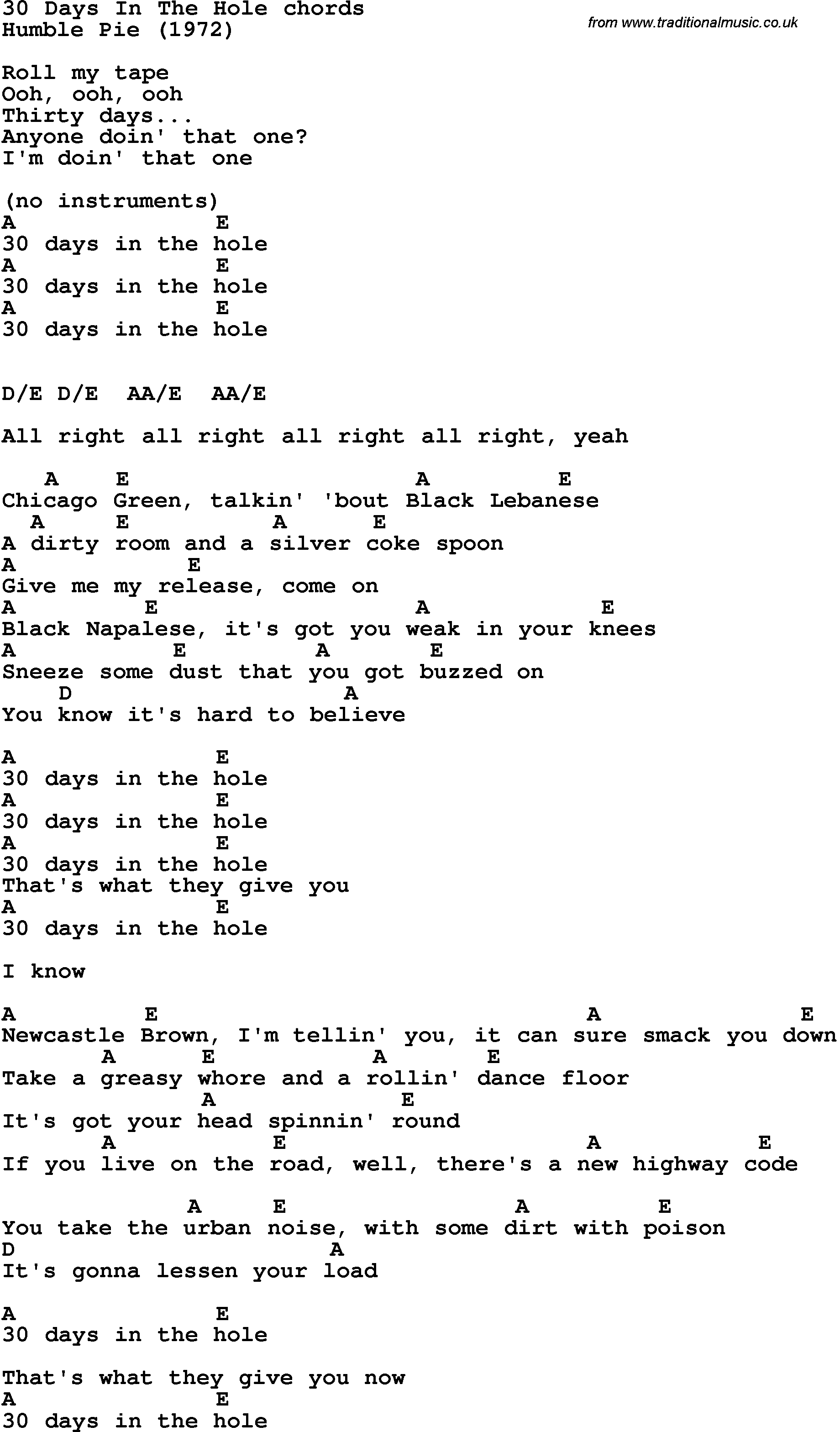 Song Lyrics with guitar chords for 30 Days In The Hole
