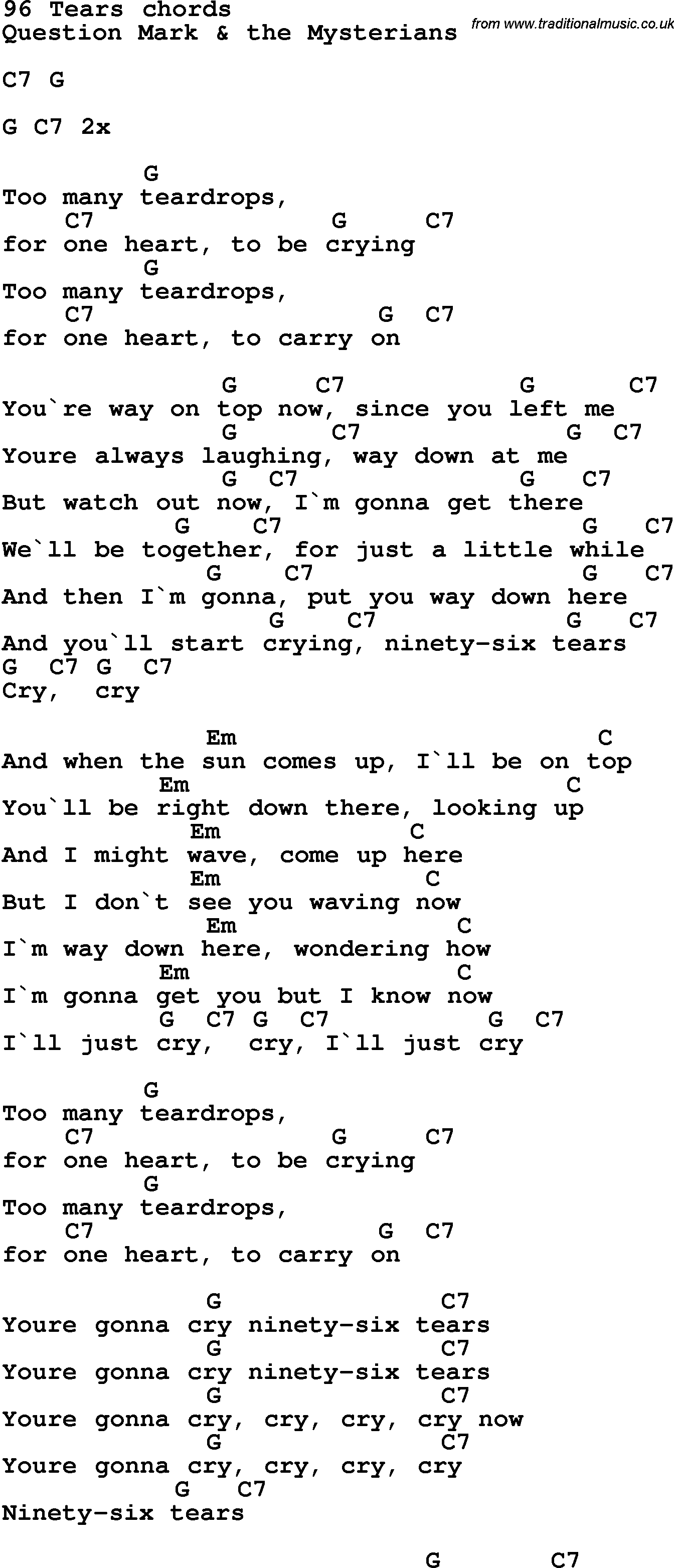 Song Lyrics with guitar chords for 96 Tears