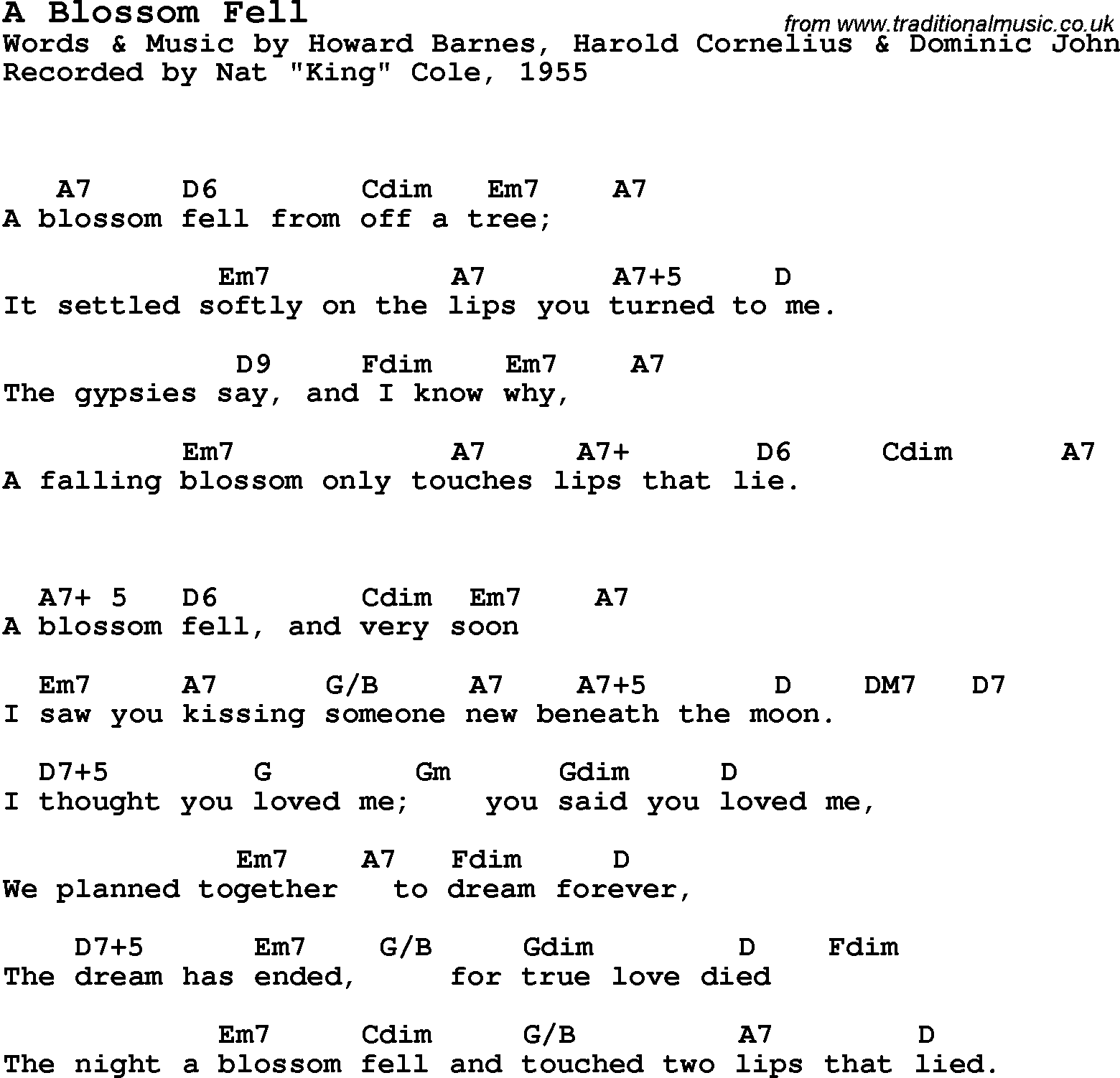 Song Lyrics with guitar chords for A Blossom Fell - Nat King Cole, 1955