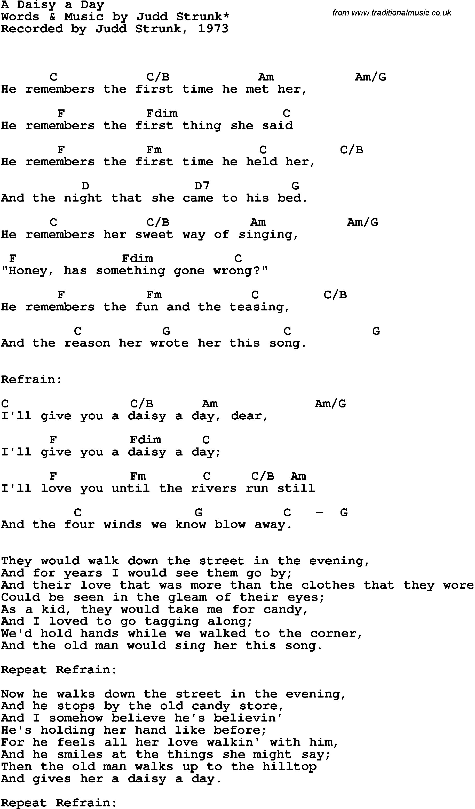 Song Lyrics with guitar chords for A Daisy A Day - Judd Strunk, 1973
