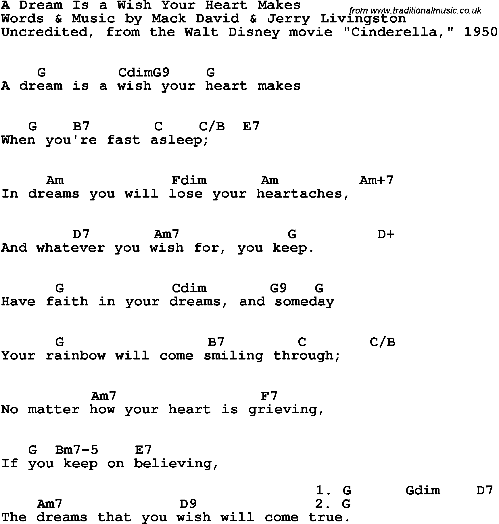 Song Lyrics with guitar chords for A Dream Is A Wish Your Heart Makes - From The Walt Disney Movie Cinderella, 1950