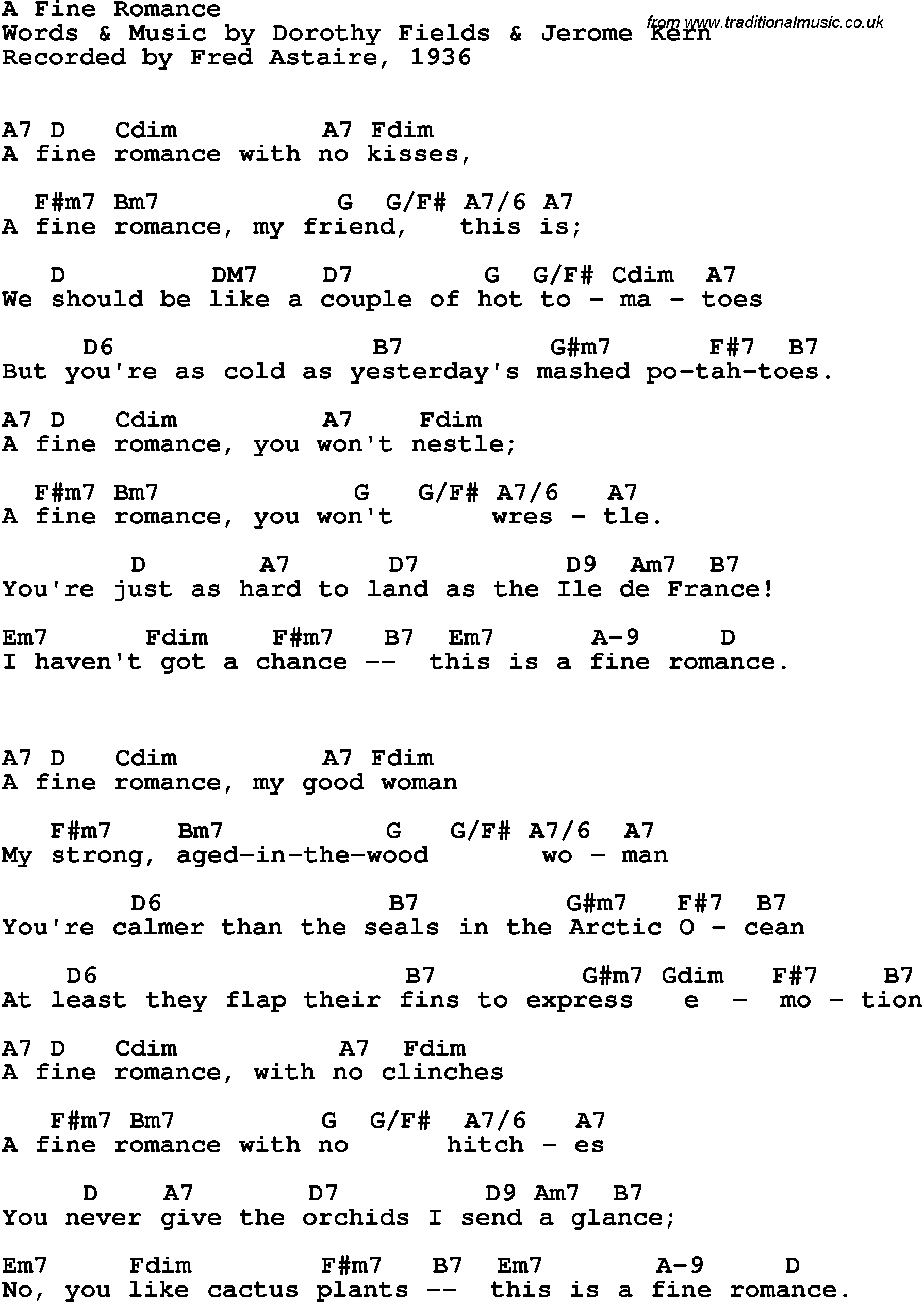 Song Lyrics with guitar chords for A Fine Romance - Fred Astaire, 1936