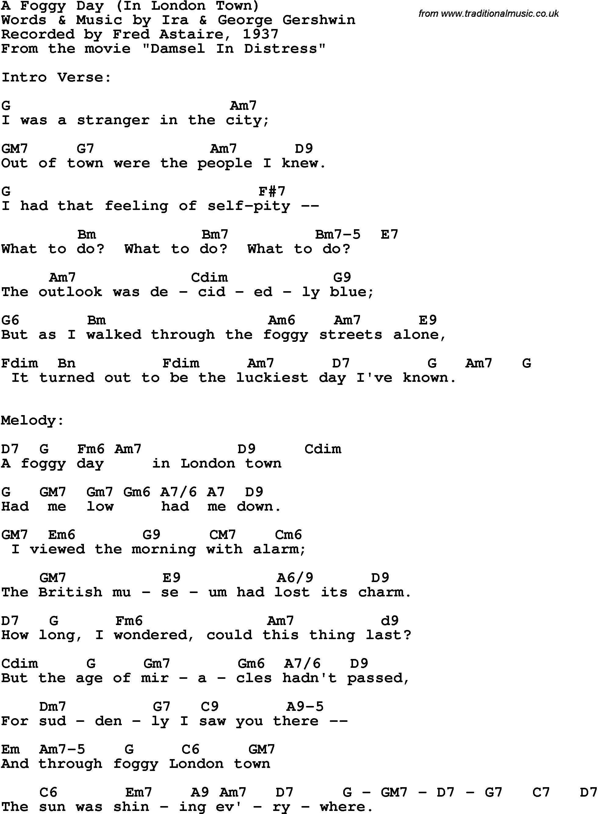 Song Lyrics with guitar chords for A Foggy Day (In London Town) - Fred Astaire, 1937