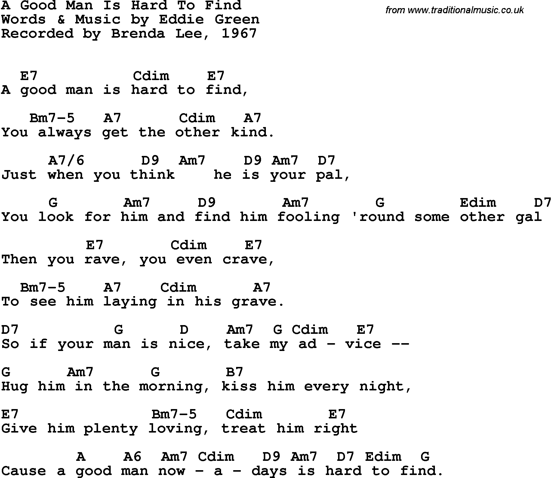 Song Lyrics with guitar chords for A Good Man Is Hard To Find - Brenda Lee, 1967