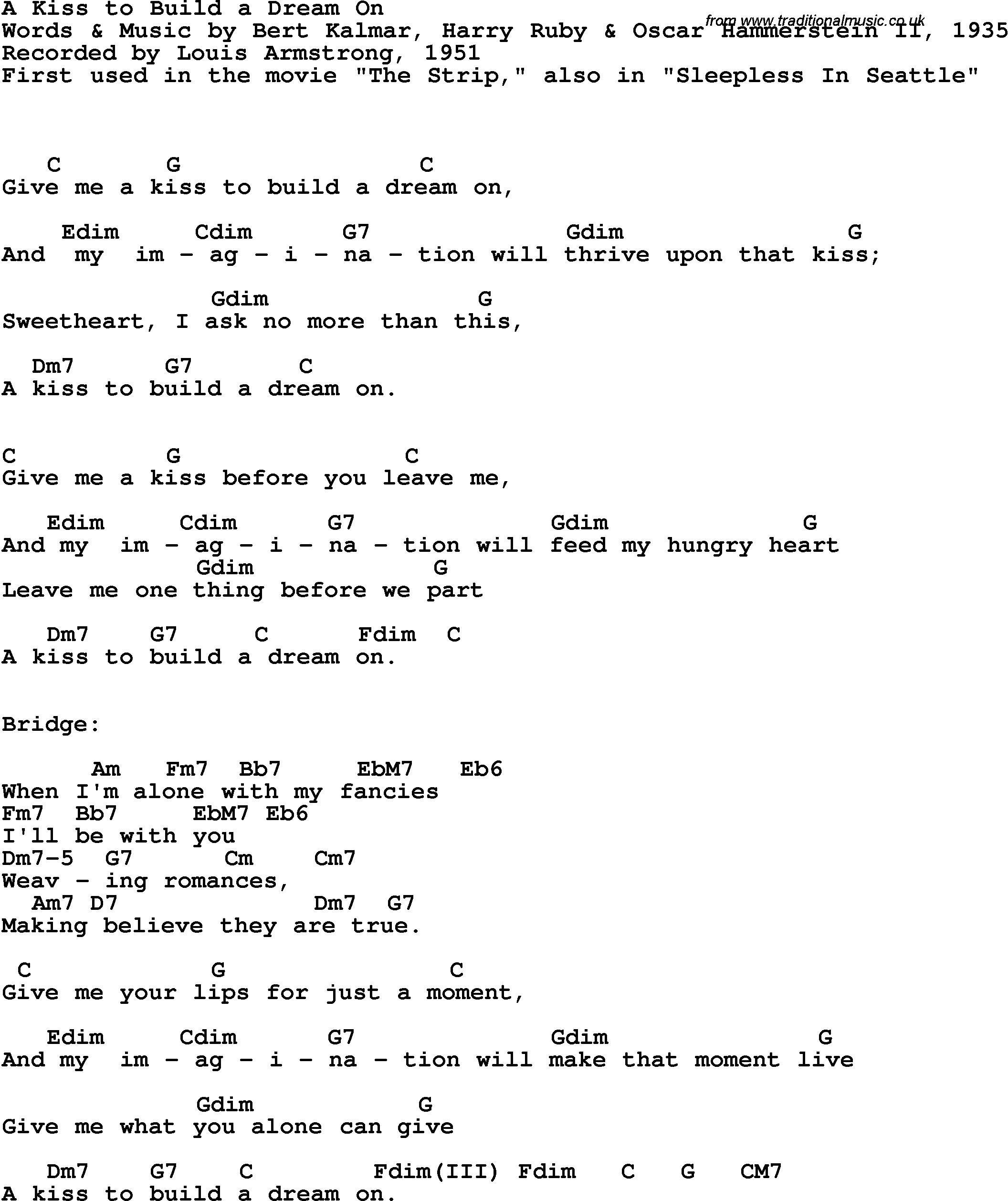 Song Lyrics with guitar chords for A Kiss To Build A Dream On - Louis Armstrong, 1951