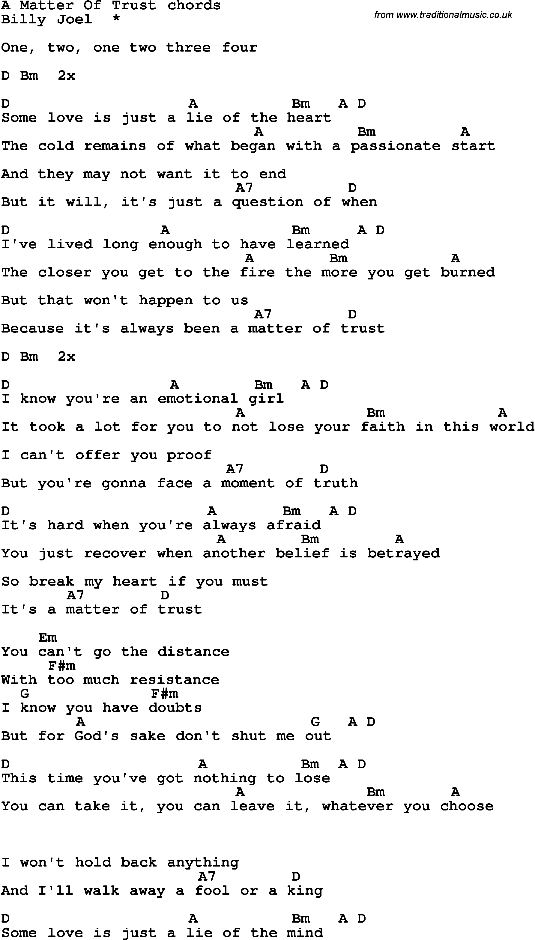 Song Lyrics with guitar chords for A Matter Of Trust