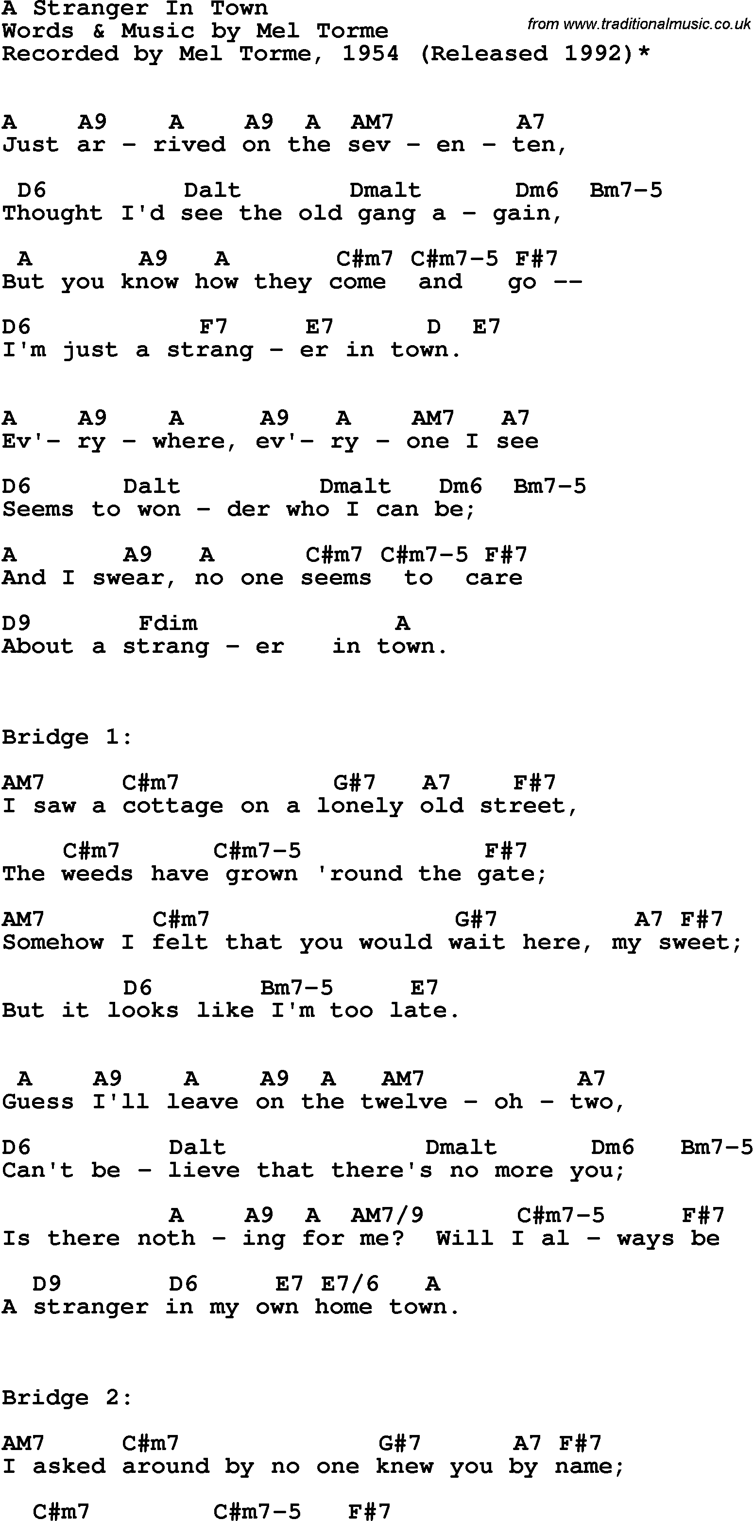 Song Lyrics with guitar chords for A Stranger In Town - Mel Torme, 1954