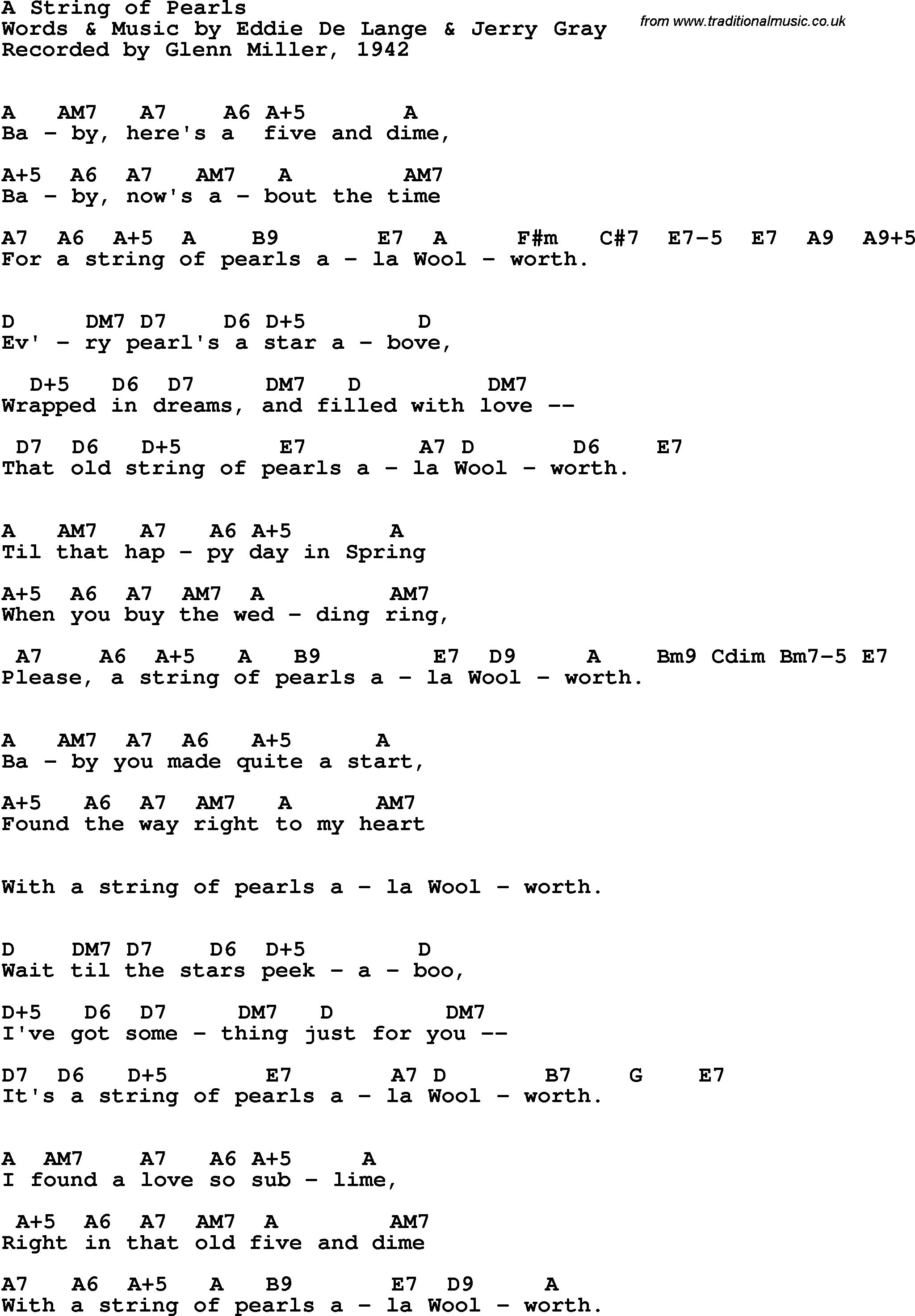 Song Lyrics with guitar chords for A String Of Pearls - Glenn Miller, 1942