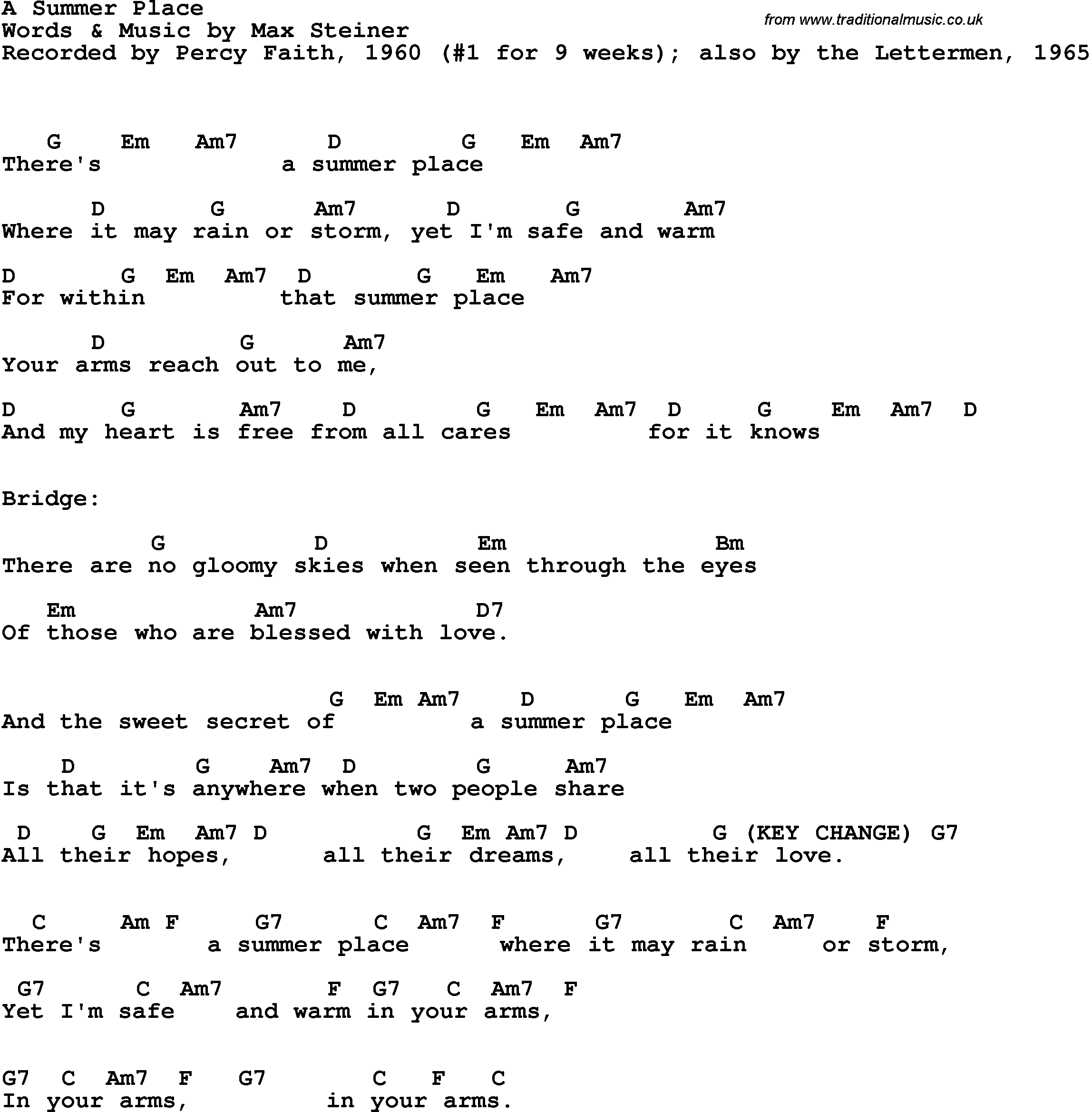 Song Lyrics with guitar chords for A Summer Place - The Lettermen, 1965