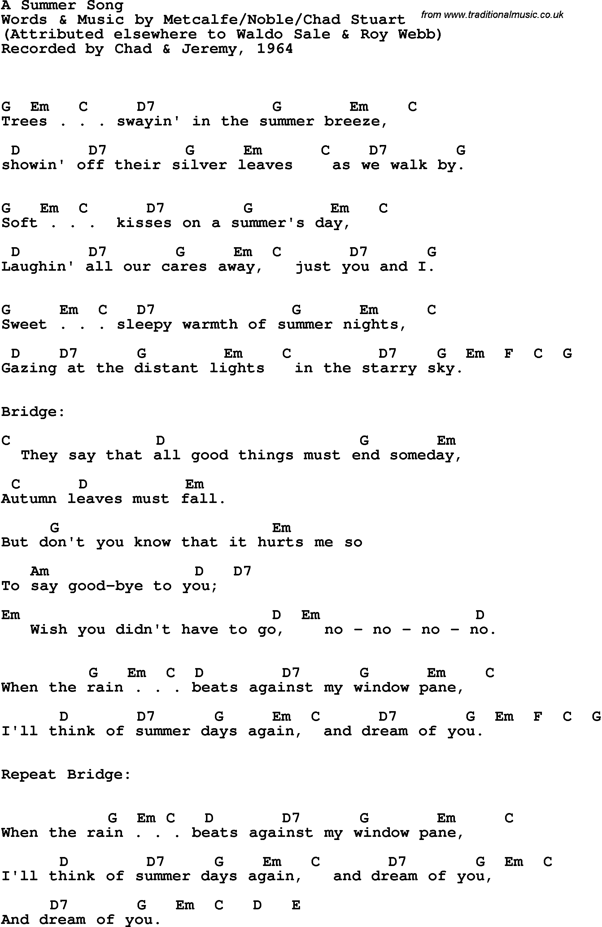 Song Lyrics with guitar chords for A Summer Song - Chad & Jeremy, 1964