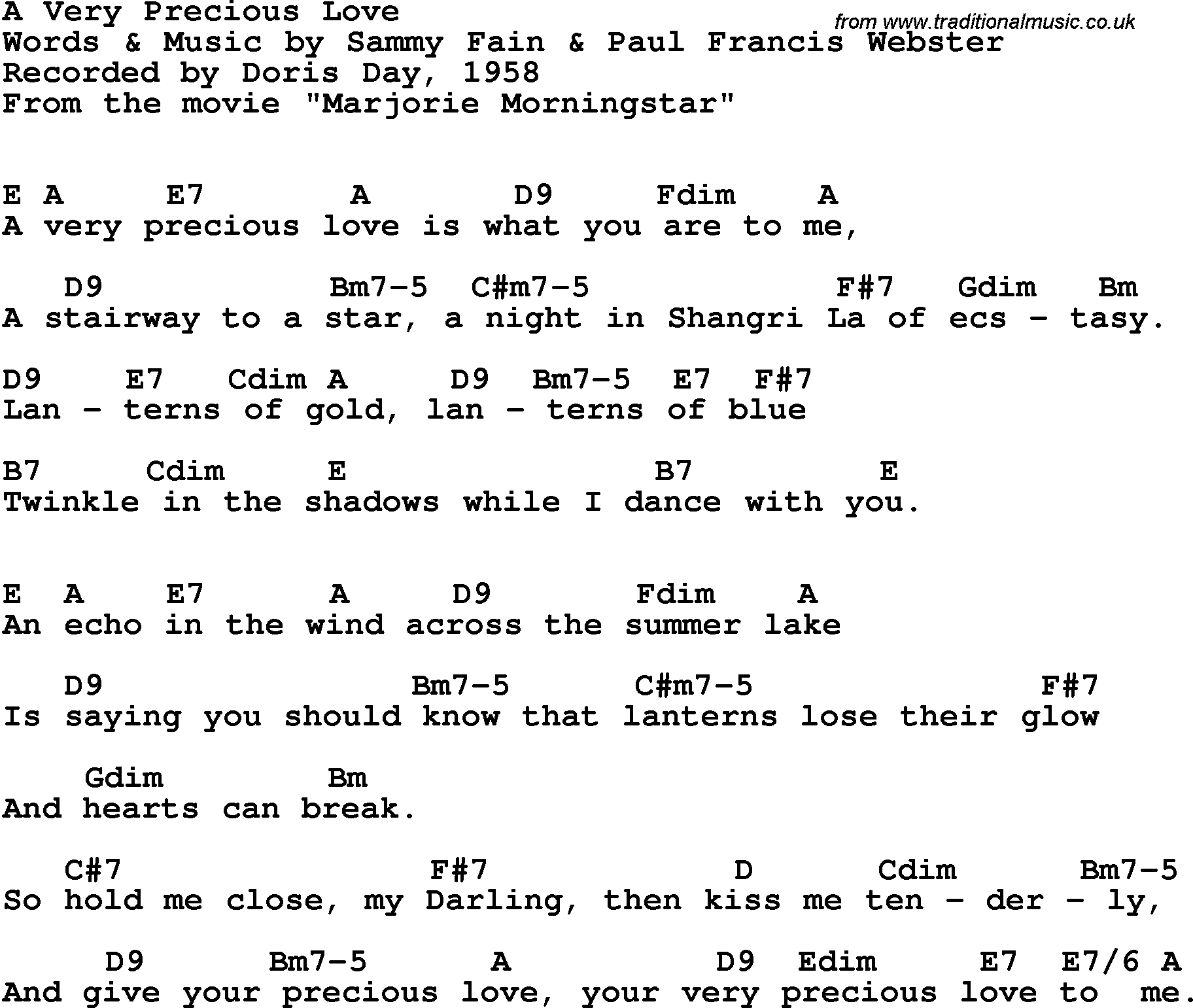 Song Lyrics with guitar chords for A Very Precious Love - Doris Day, 1958