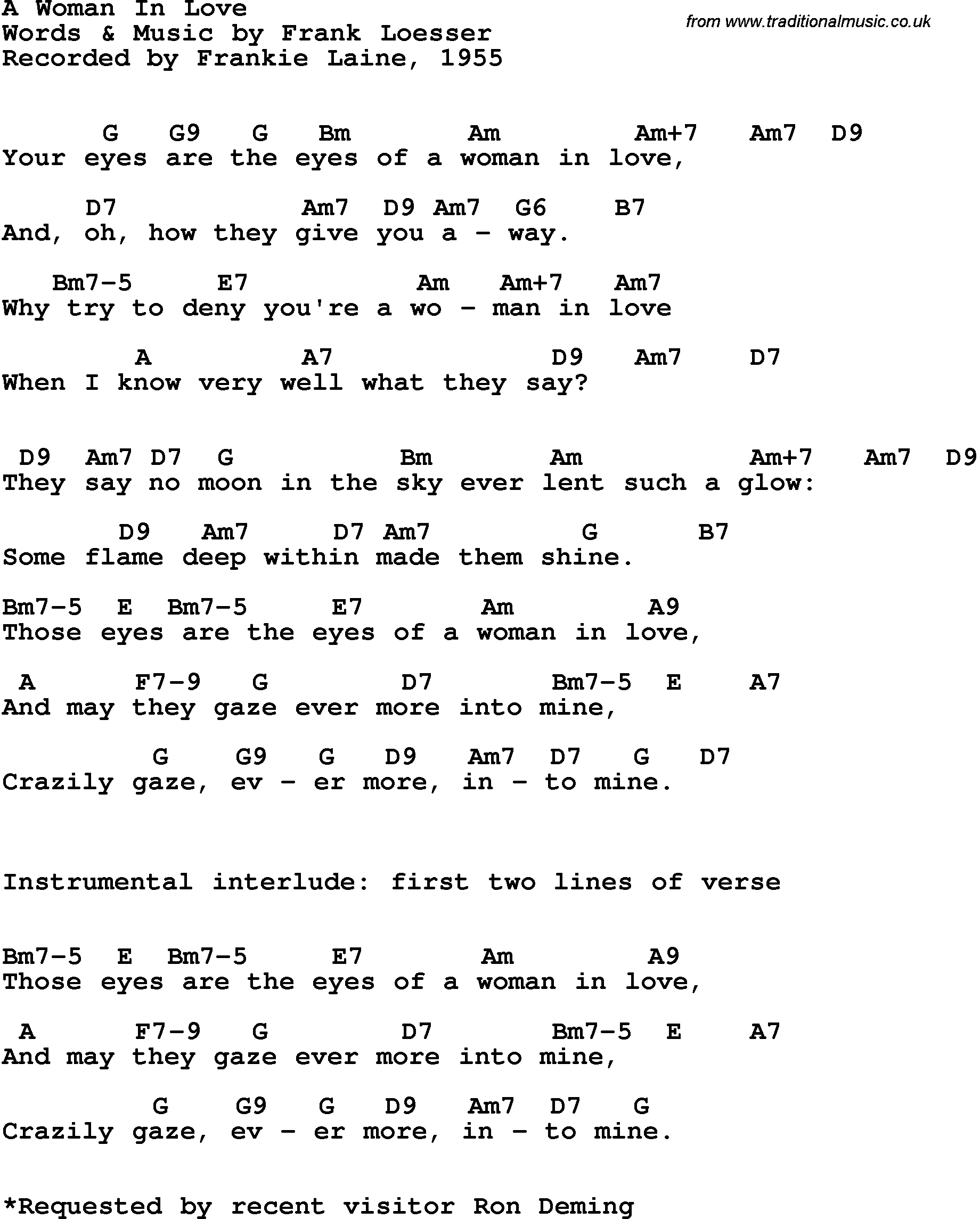 Song Lyrics with guitar chords for A Woman In Love - Frankie Laine, 1955