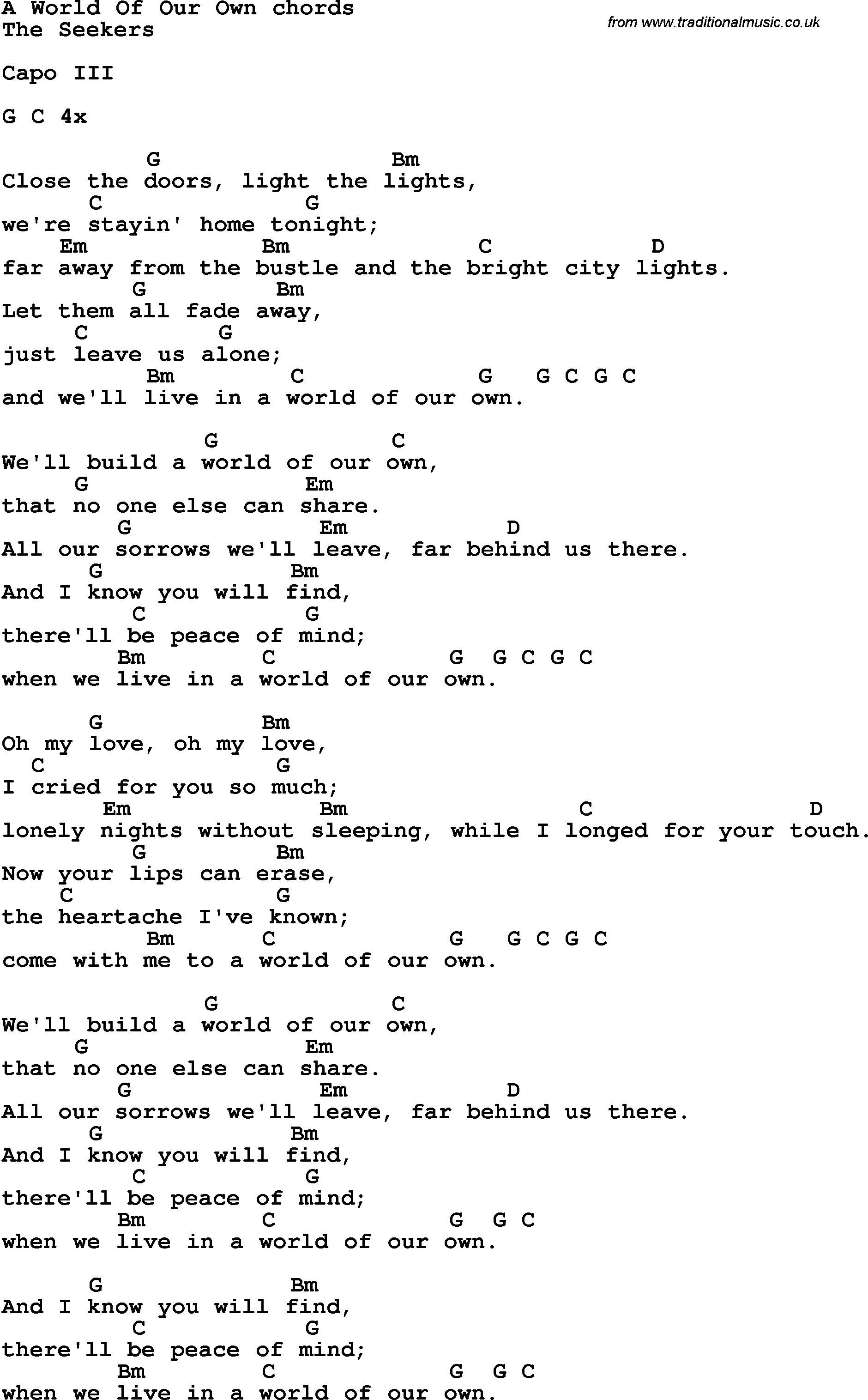 Song Lyrics with guitar chords for A World Of Our Own