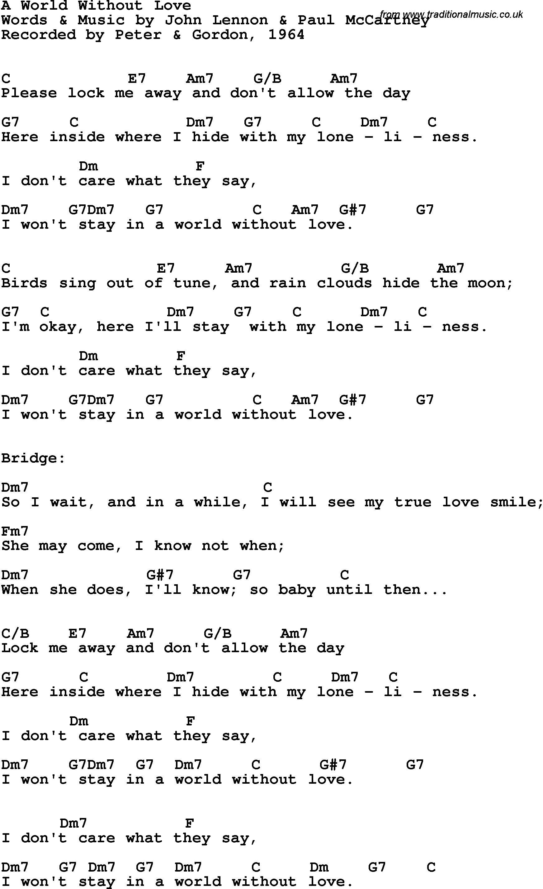 Song Lyrics with guitar chords for A World Without Love - Peter & Gordon, 1964