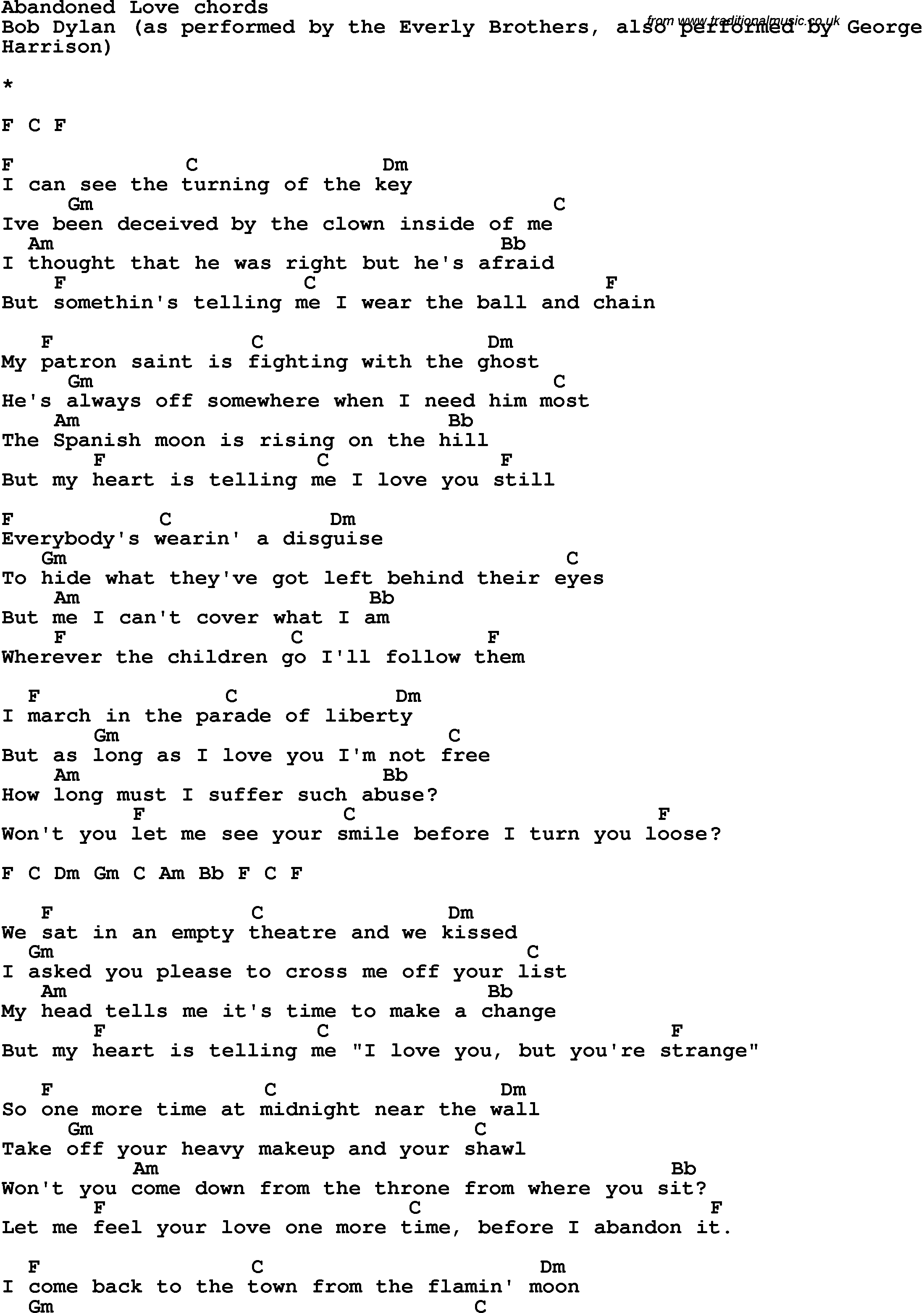Song Lyrics with guitar chords for Abandoned Love