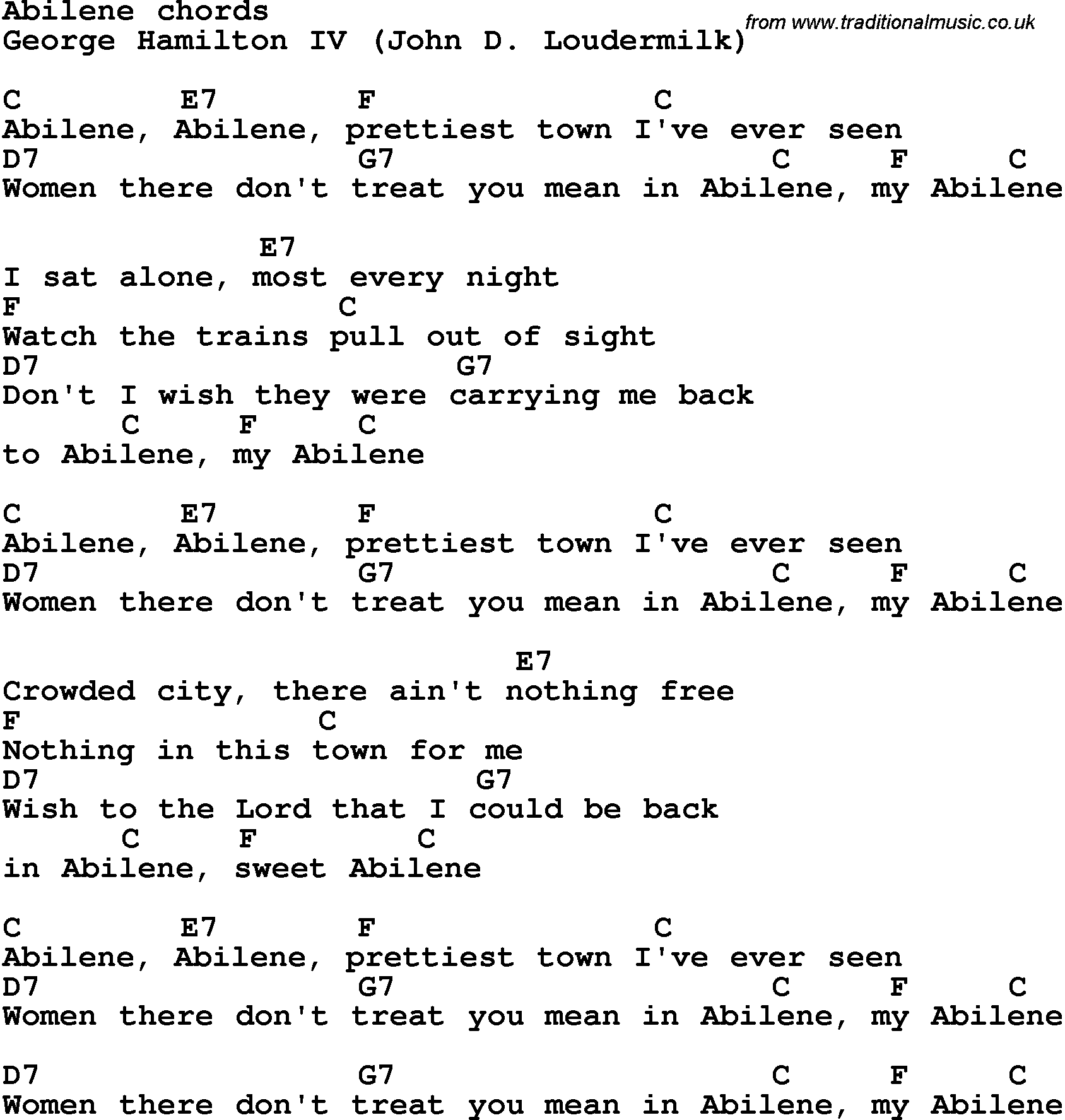 Song Lyrics with guitar chords for Abilene - George Hamilton IV