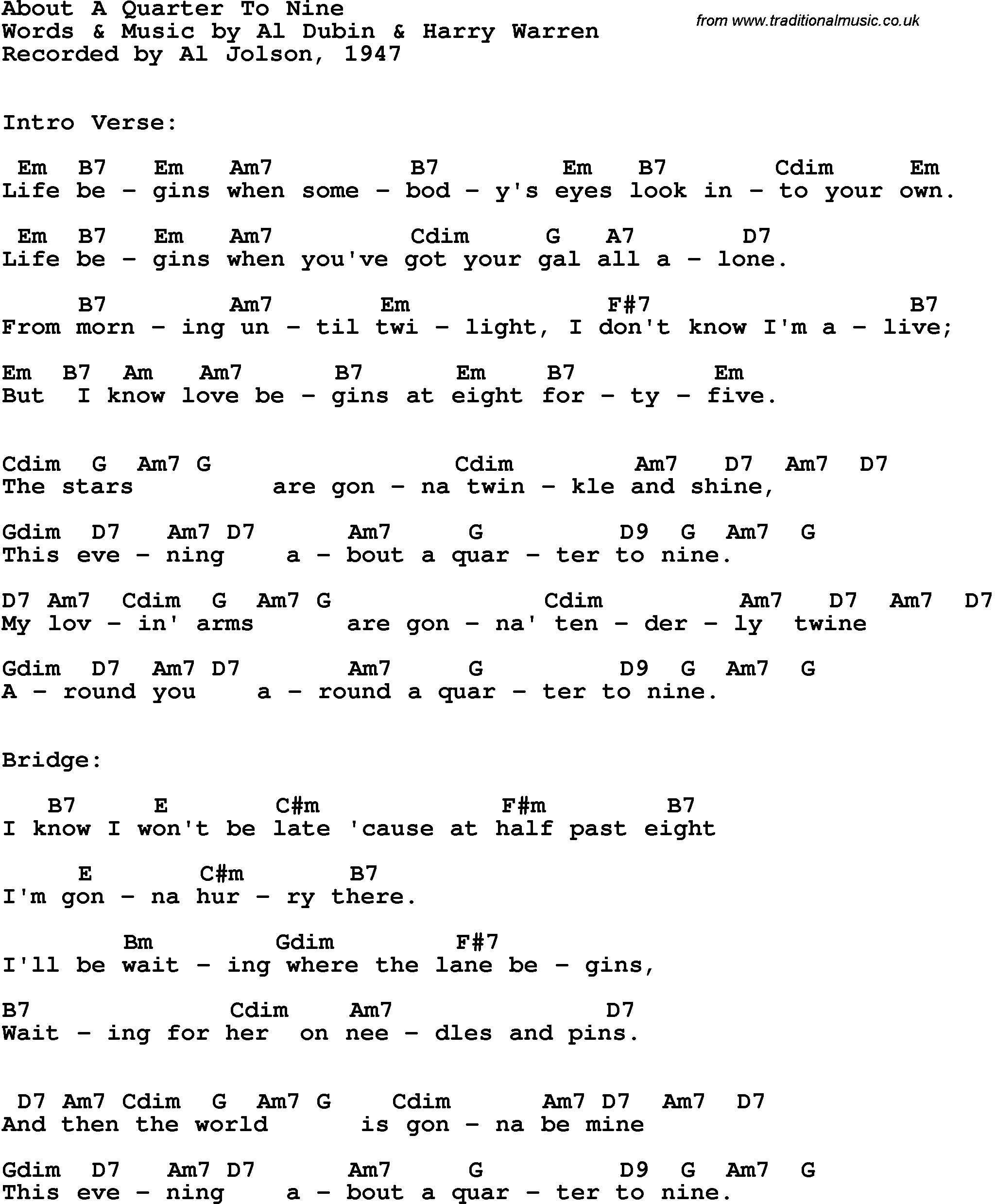 Song Lyrics with guitar chords for About A Quarter To Nine - Al Jolson, 1947