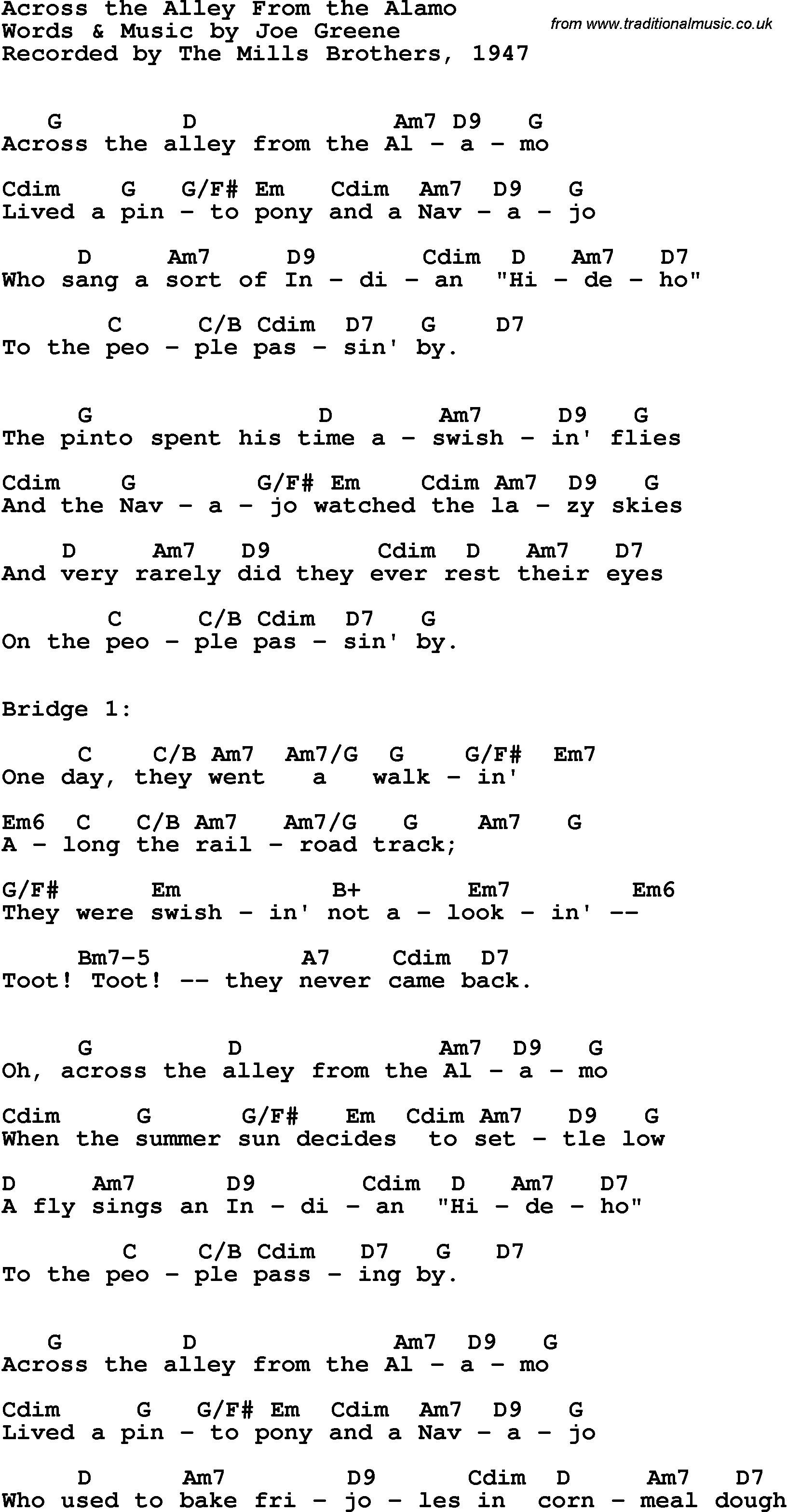 Song Lyrics with guitar chords for Across The Alley From The Alamo - The Mills Brothers, 1947