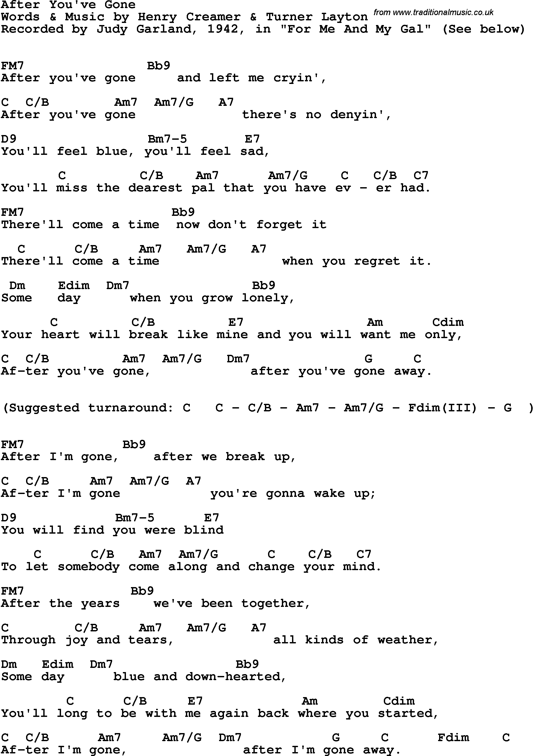 Song Lyrics with guitar chords for After You've Gone - Judy Garland, 1942