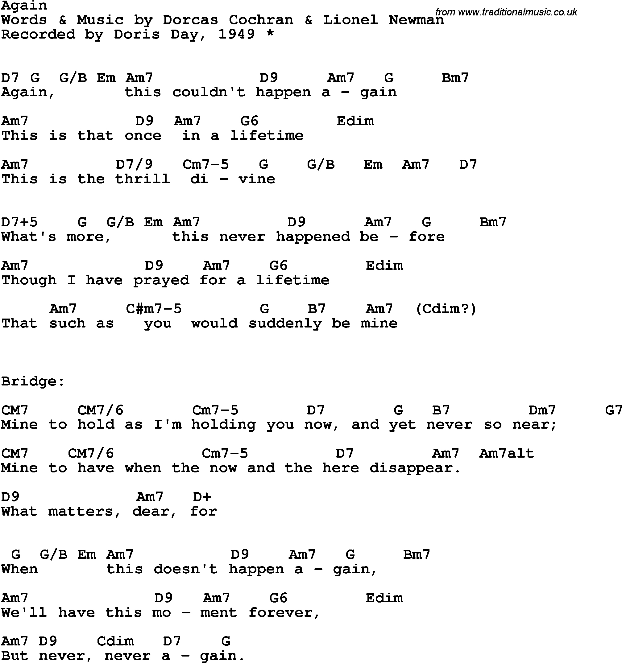 Song Lyrics with guitar chords for Again - Doris Day, 1949