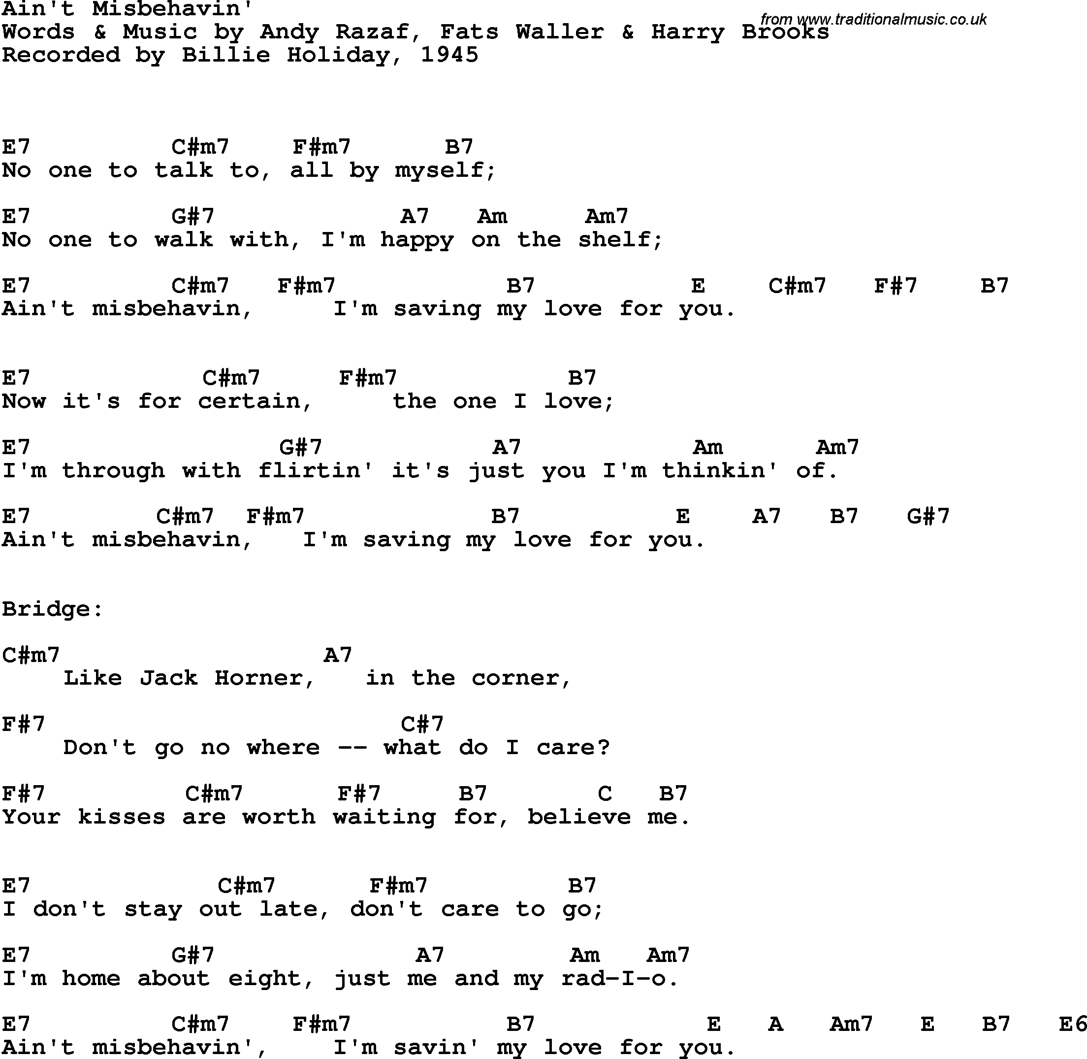 Song Lyrics with guitar chords for Ain't Misbehavin' - Billie Holiday, 1945