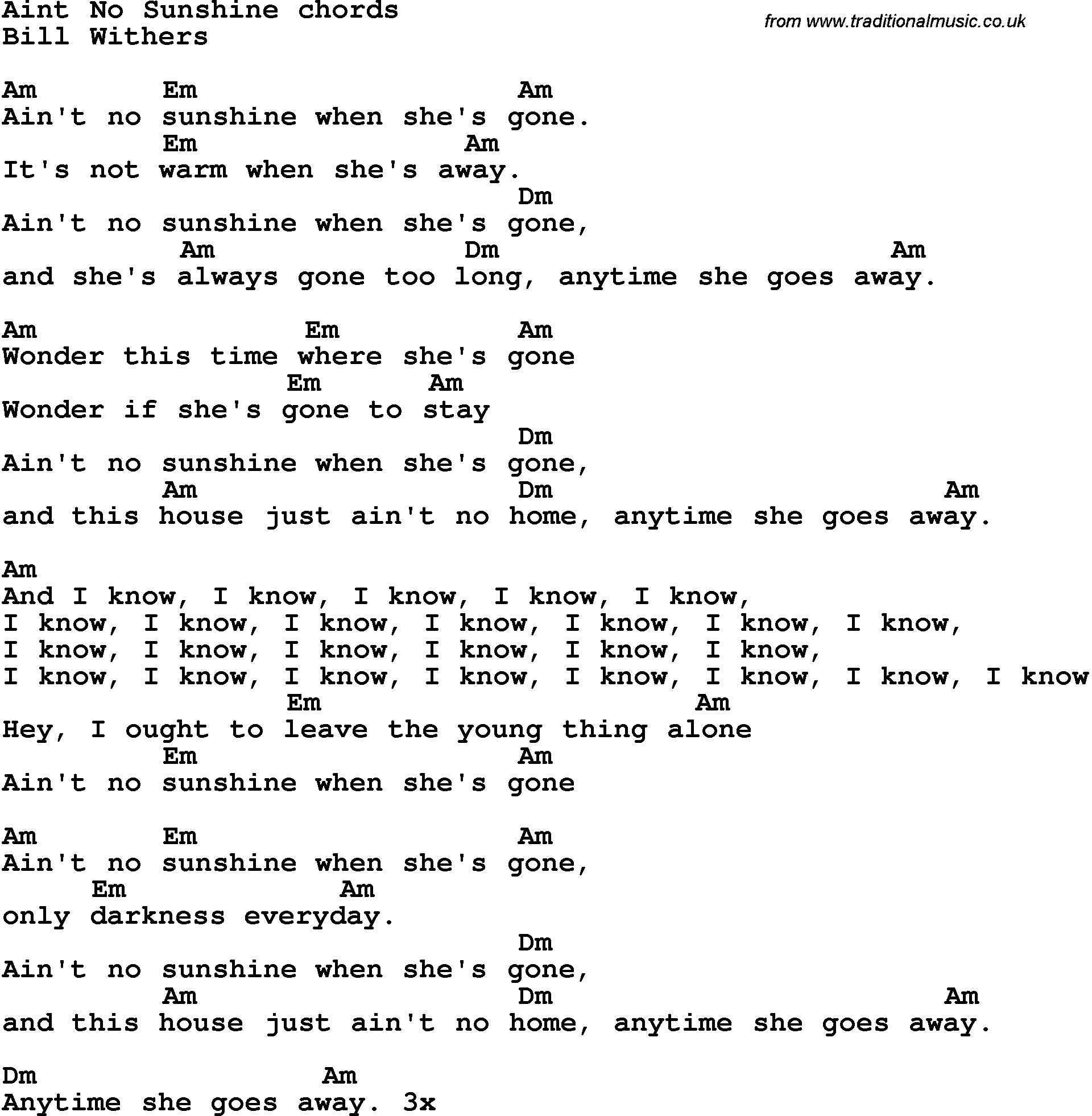 Song Lyrics with guitar chords for Ain't No Sunshine