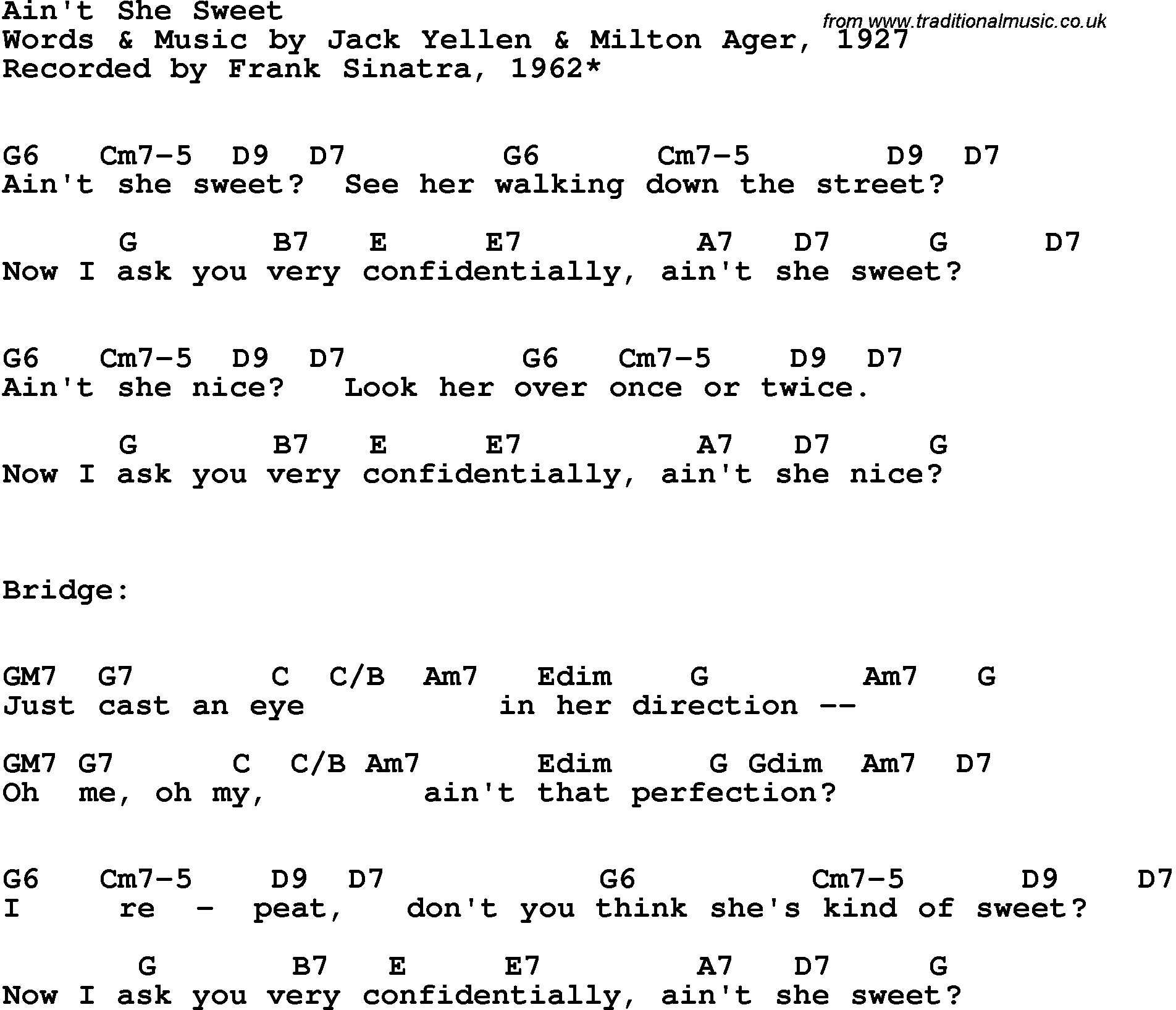 Song Lyrics with guitar chords for Ain't She Sweet - Frank Sinatra, 1962