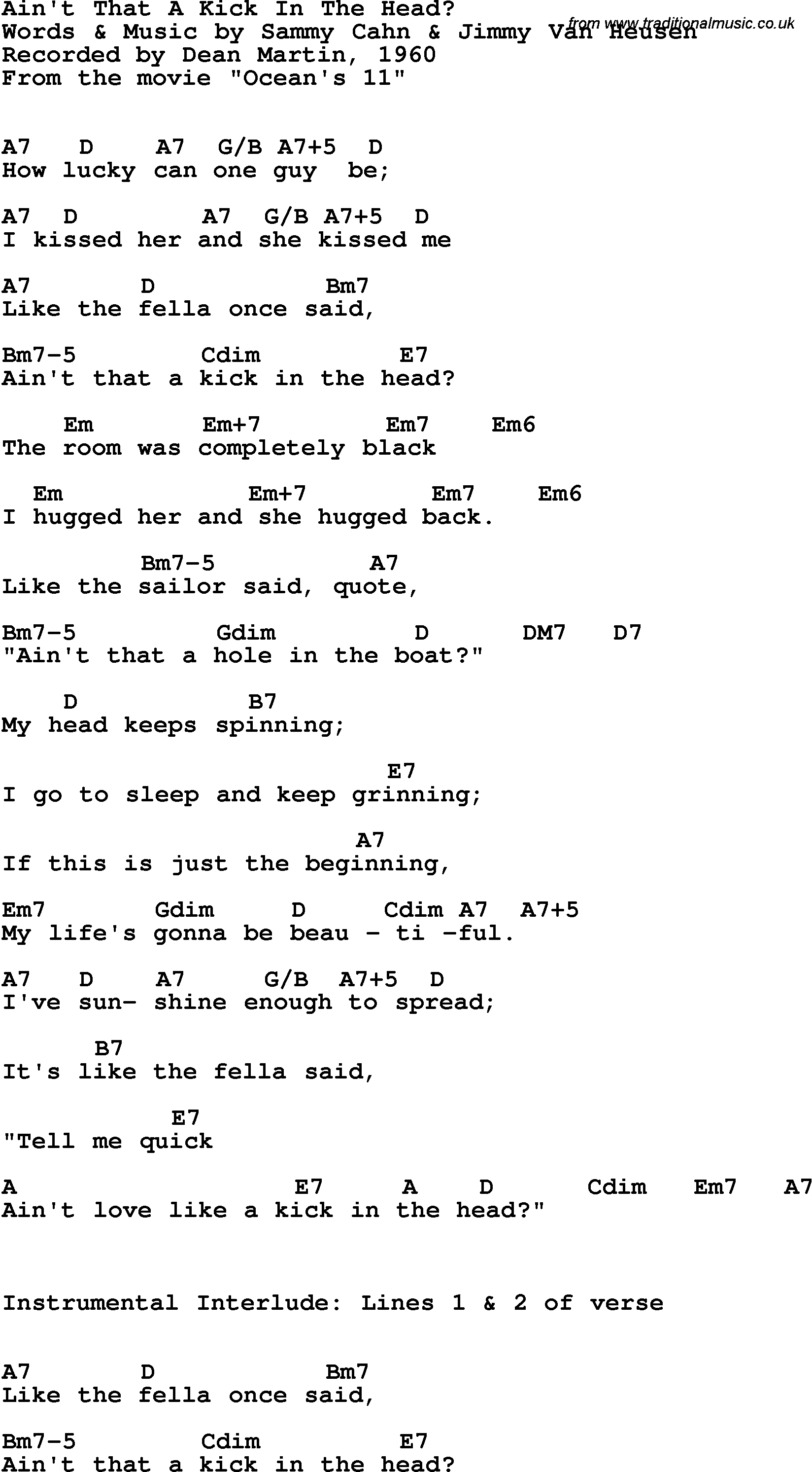 Song Lyrics with guitar chords for Ain't That A Kick In The Head - Dean Martin, 1960