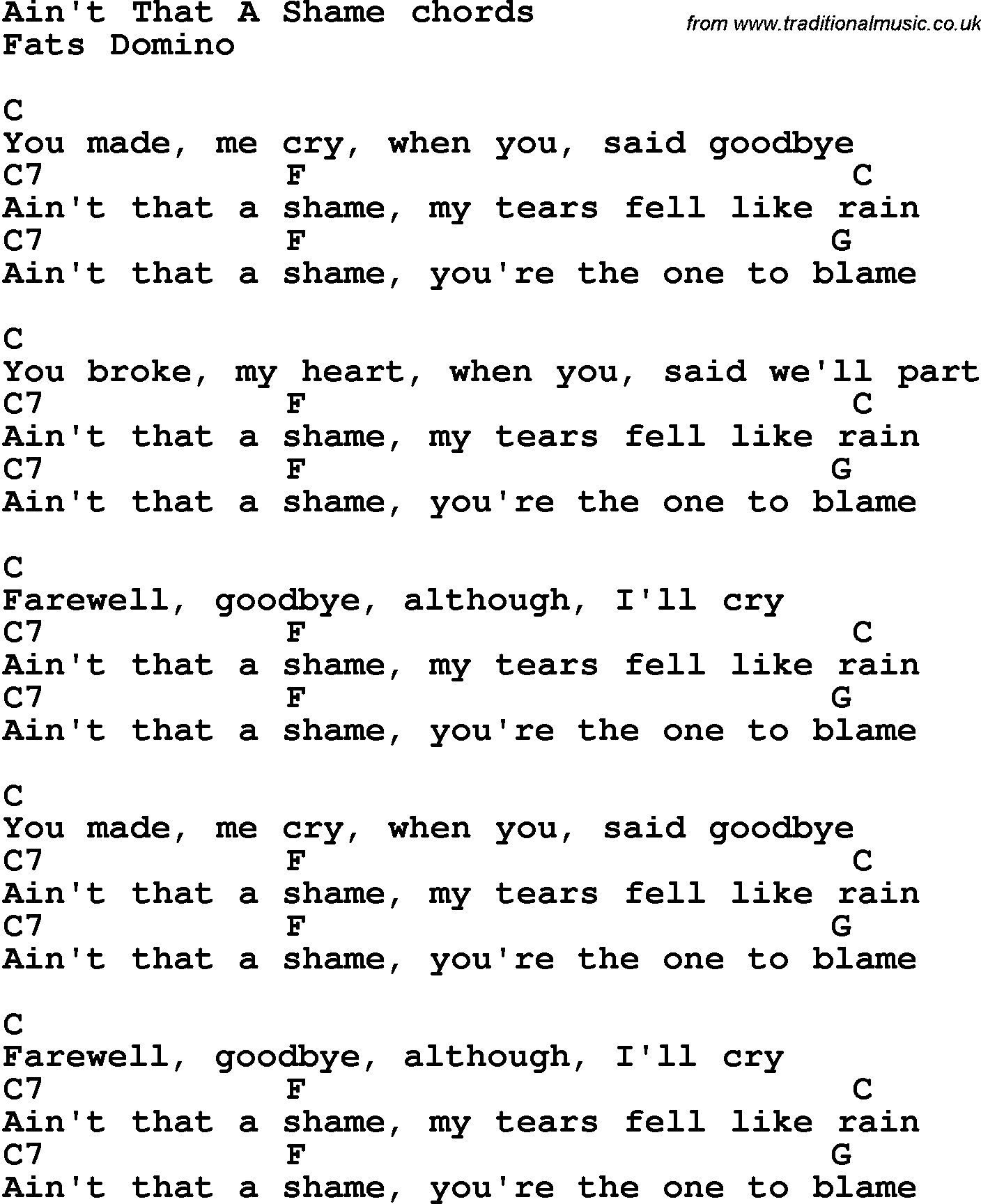 Song Lyrics with guitar chords for Ain't That A Shame